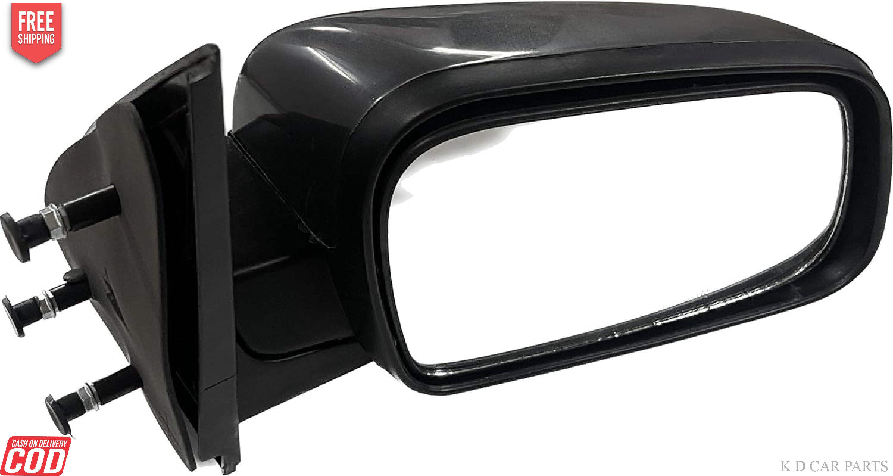 A black K D brand side mirror for a Mahindra Genio car, showing the mirror glass and the mounting structure.