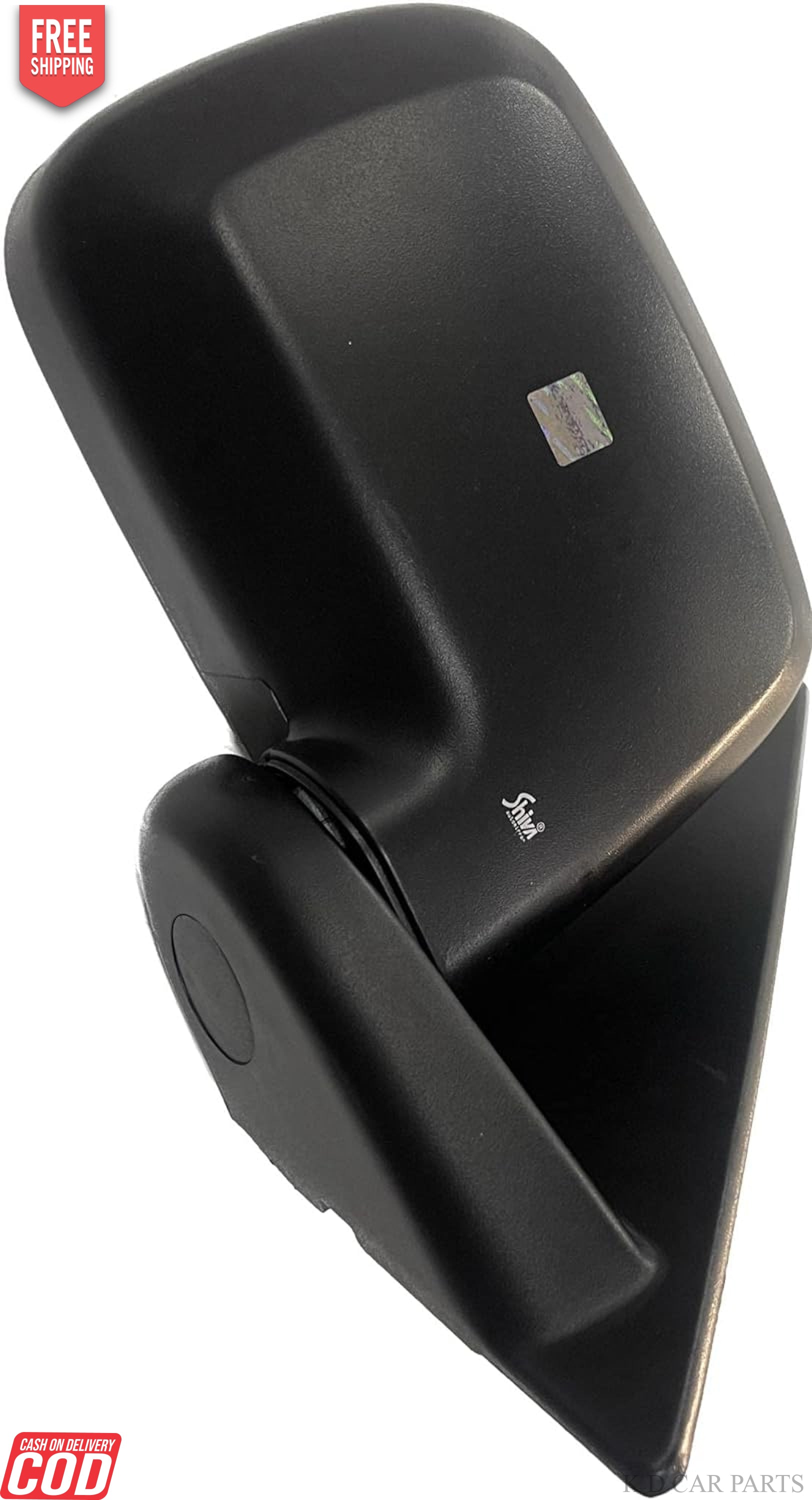 A black, non-adjustable door/side mirror for Mahindra Scorpio 2002-2006 with a shatter-resistant acrylic mirror and a weather-resistant ABS plastic casing.