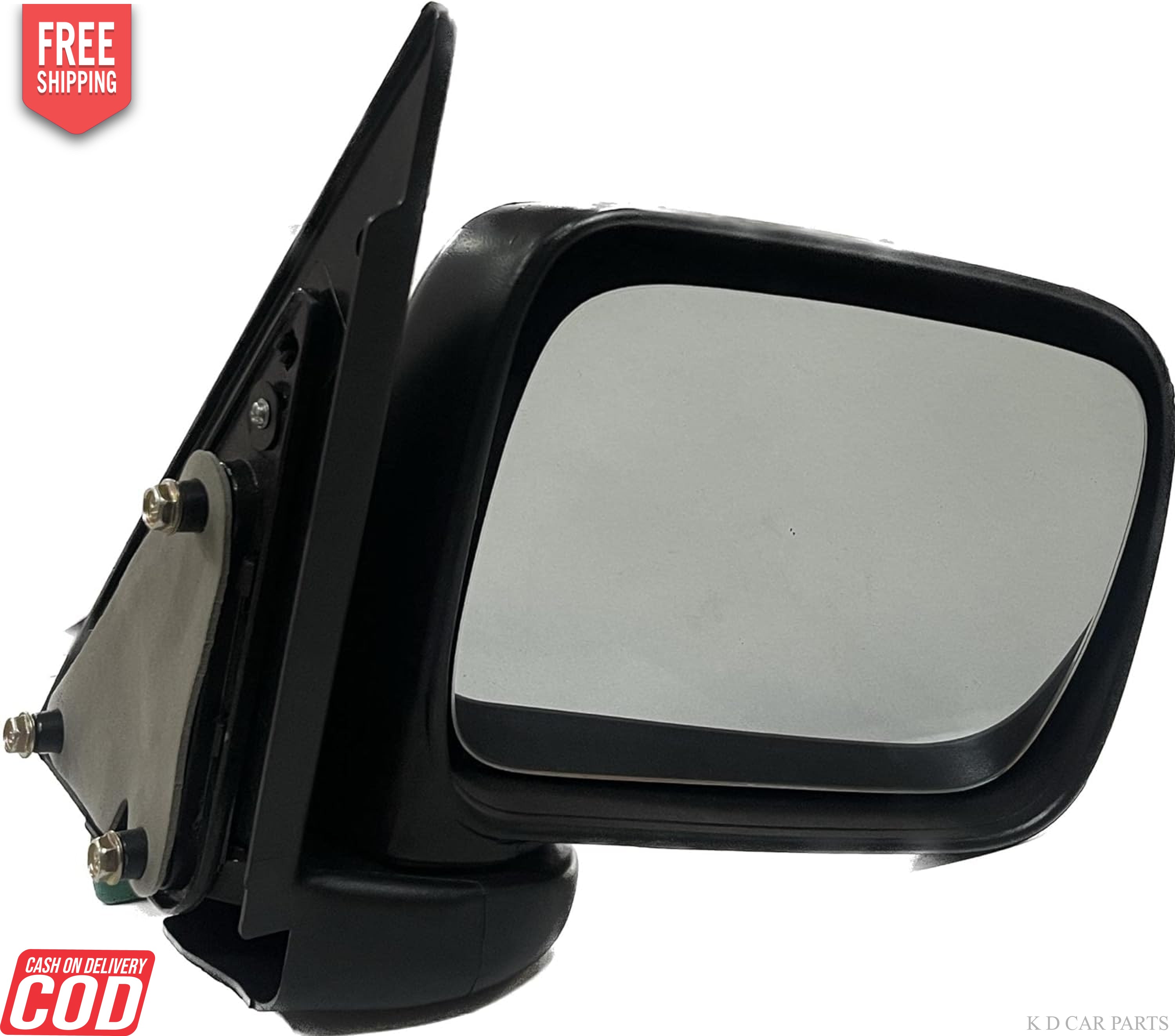 A black, non-adjustable door/side mirror for Mahindra Scorpio 2002-2006 with a shatter-resistant acrylic mirror and a weather-resistant ABS plastic casing.