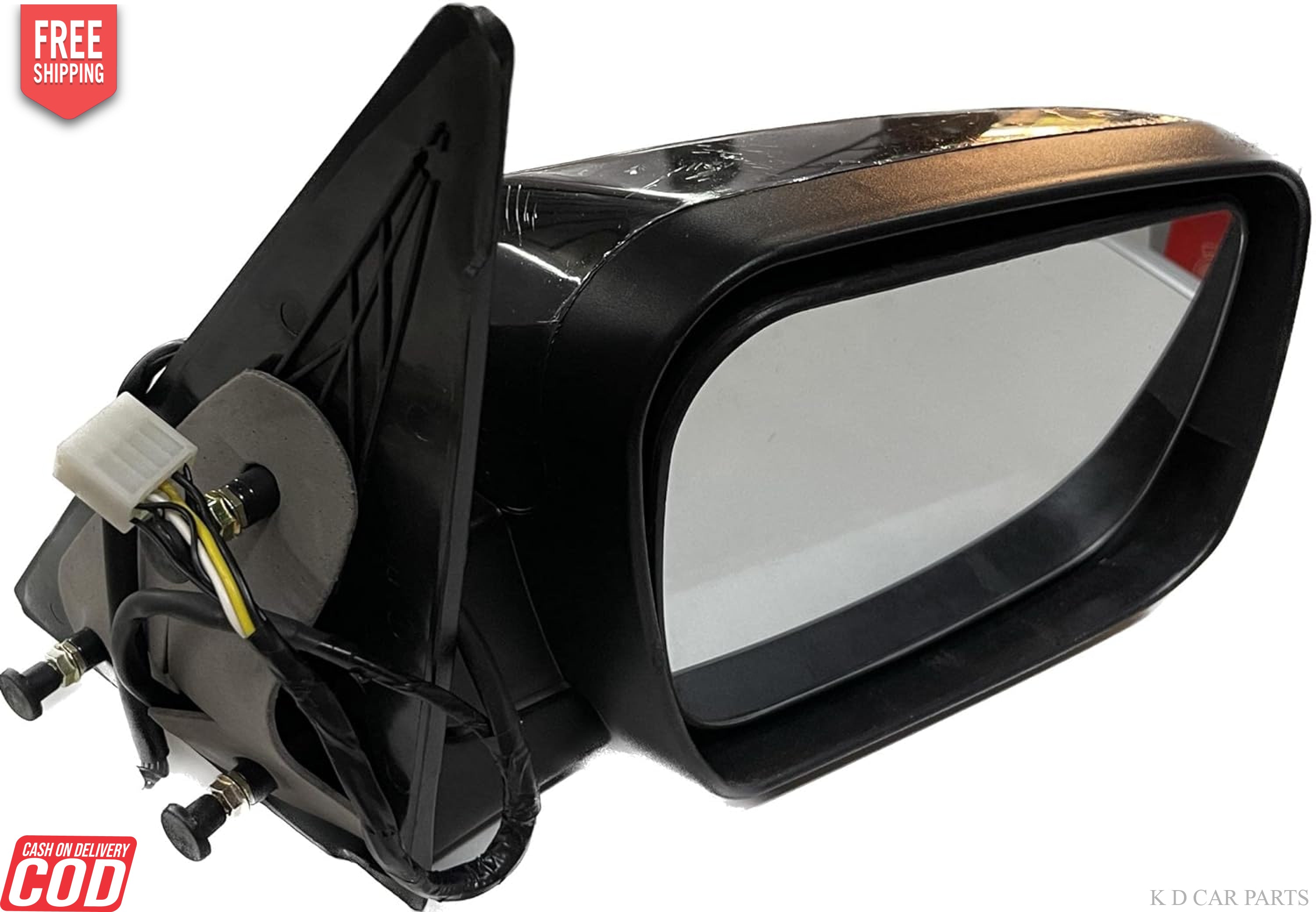 A pair of K D brand door/side mirrors for Mahindra Scorpio Mhawk motor vehicles, without indicators, featuring a black plastic casing and shatter-resistant acrylic mirrors.