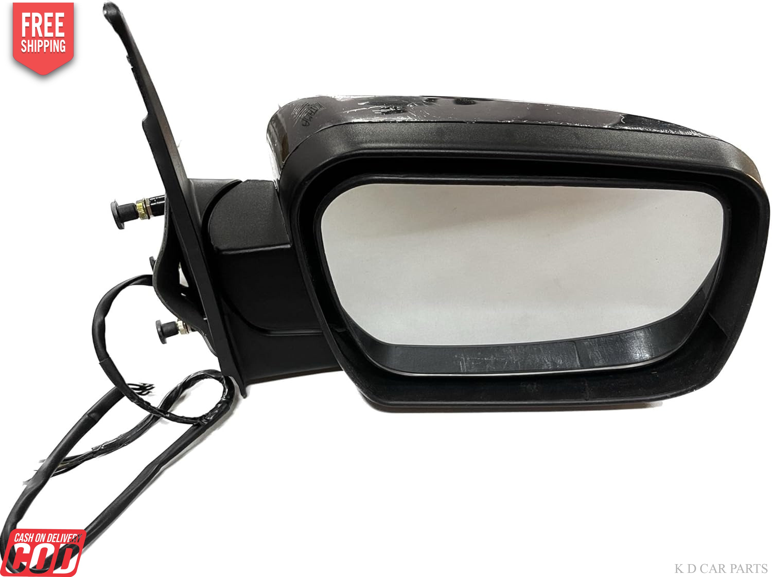 A pair of K D brand door/side mirrors for Mahindra Scorpio Mhawk motor vehicles, without indicators, featuring a black plastic casing and shatter-resistant acrylic mirrors.