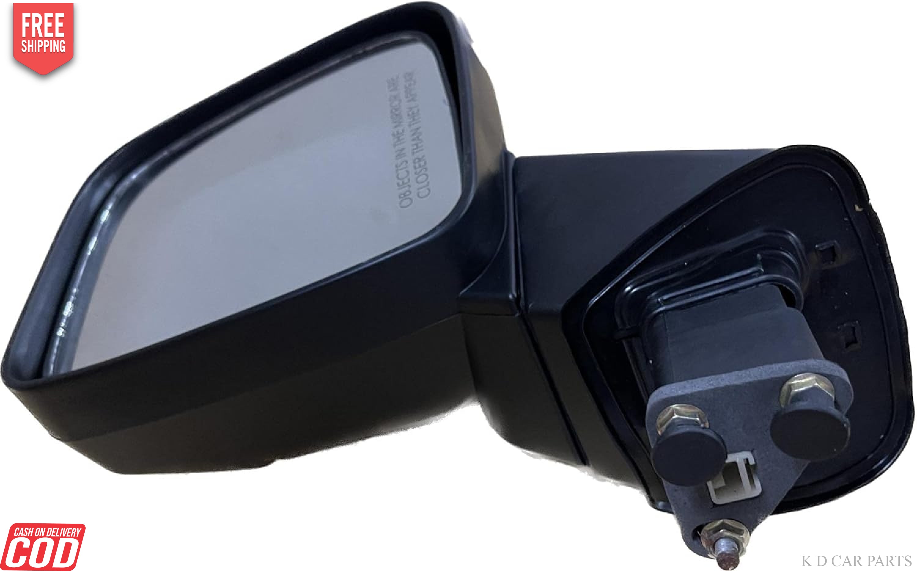 A black K D brand door mirror for a Mahindra Thar motor with a coupler, designed for replacement on the vehicle.