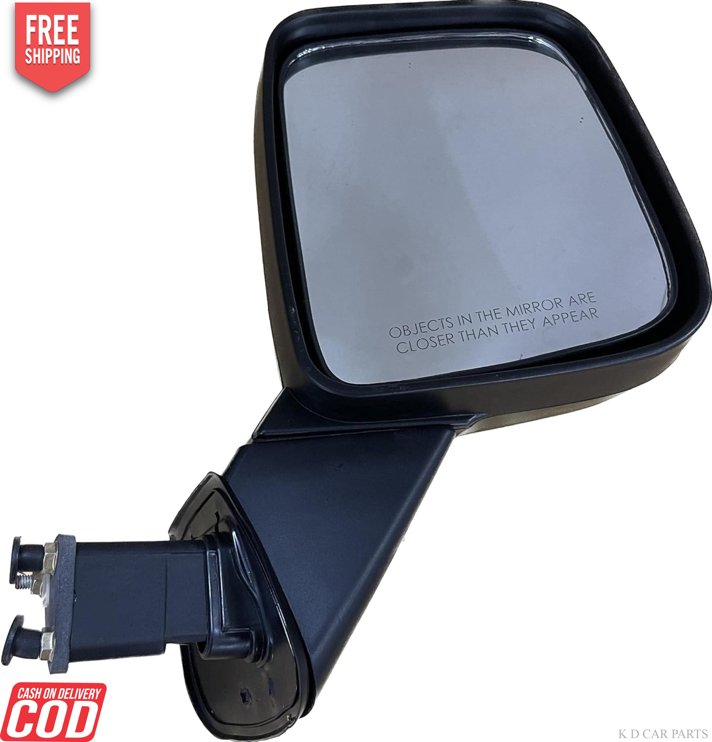 A black K D brand door mirror for a Mahindra Thar motor with a coupler, designed for replacement on the vehicle.