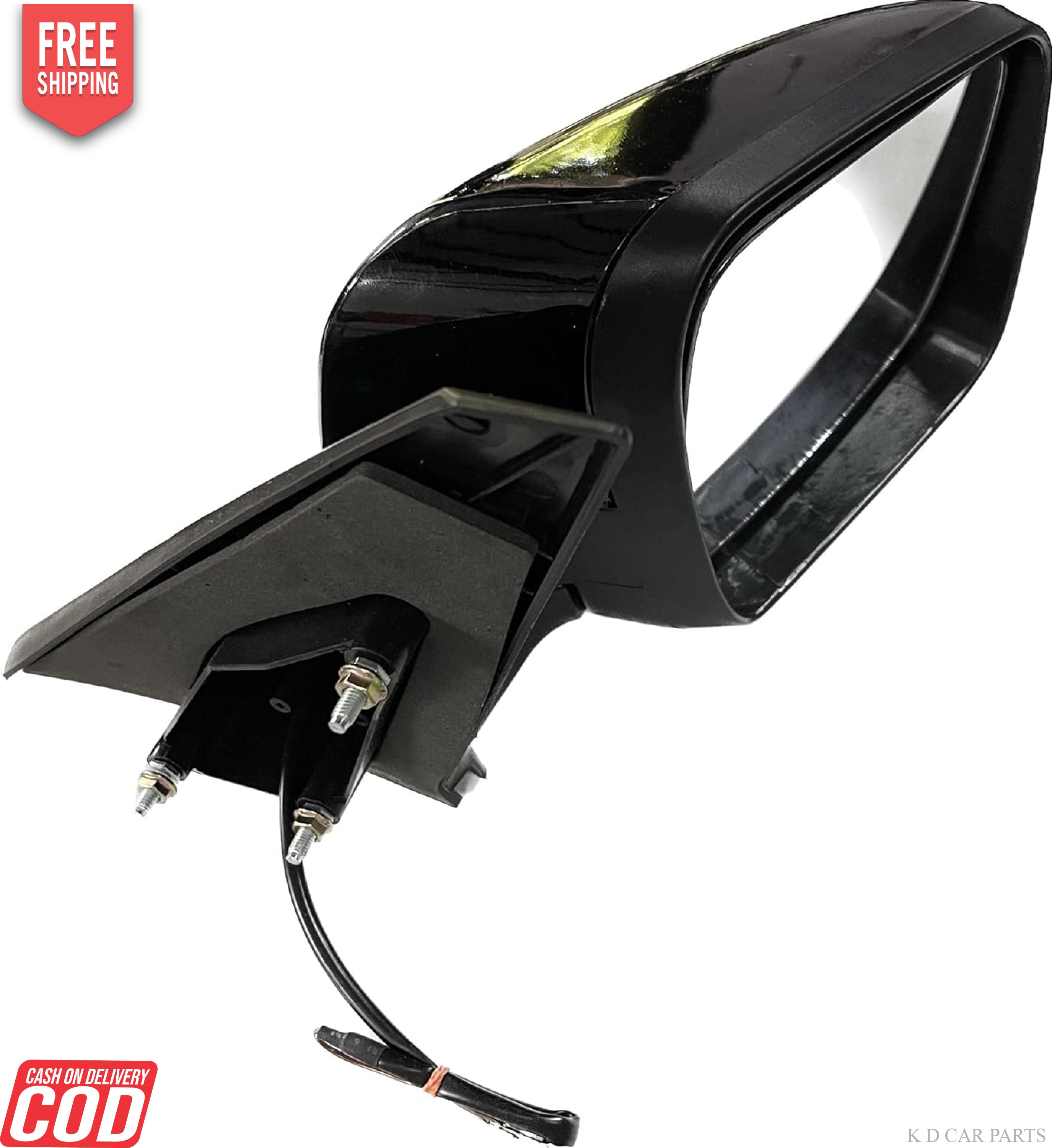 Black, motorized side mirror for Mahindra TUV 300 / BOLERO NEO vehicles, featuring a shatter-resistant acrylic mirror with a visible wiring harness.