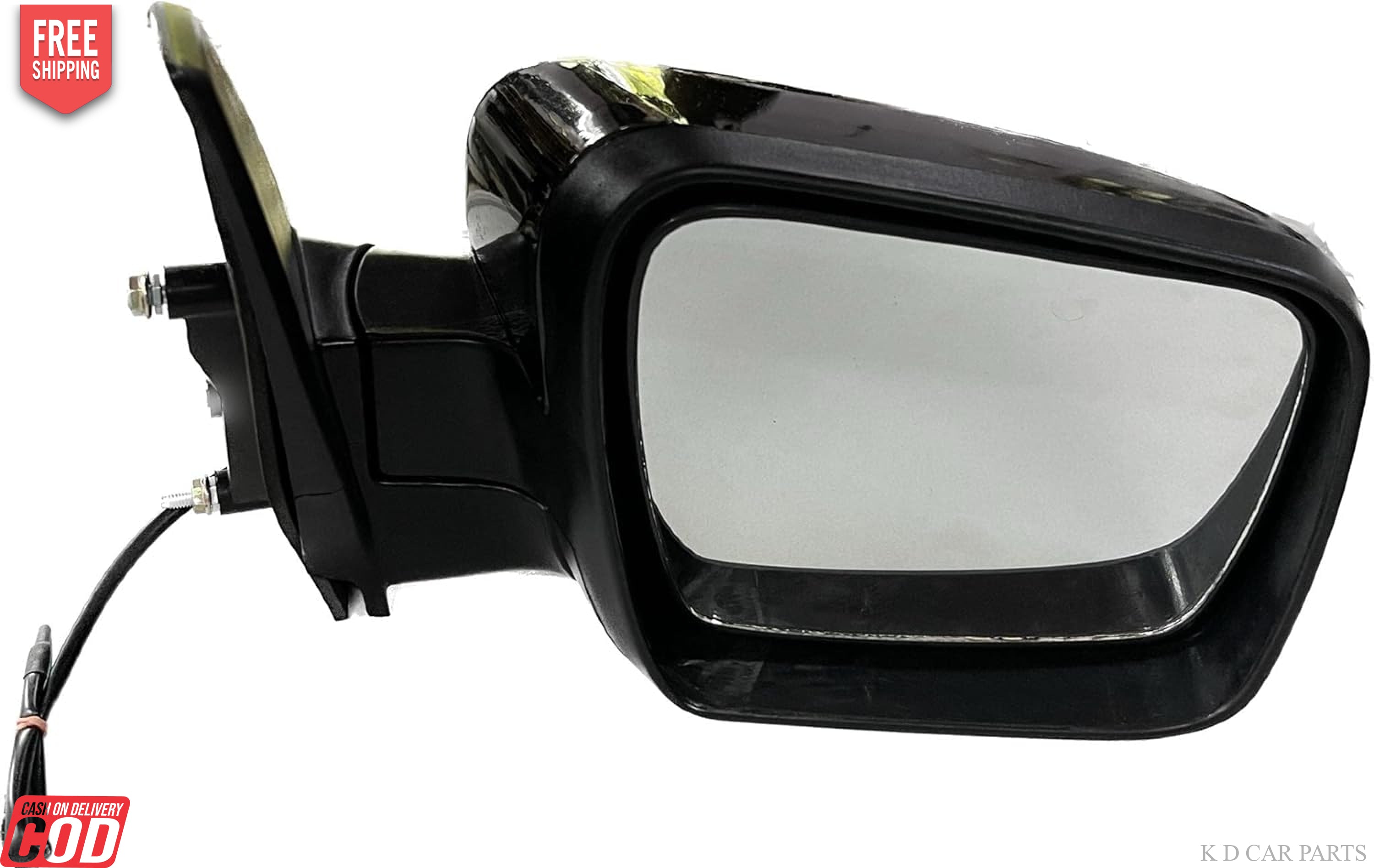 Black, motorized side mirror for Mahindra TUV 300 / BOLERO NEO vehicles, featuring a shatter-resistant acrylic mirror with a visible wiring harness.
