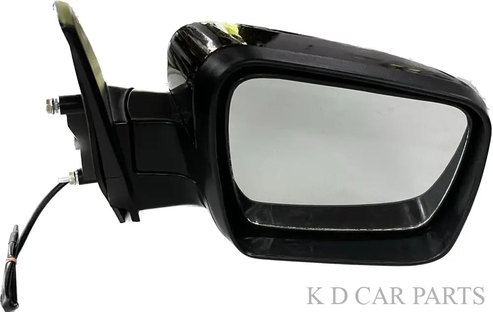 Black, motorized side mirror for Mahindra TUV 300 / BOLERO NEO vehicles, featuring a shatter-resistant acrylic mirror with a visible wiring harness.