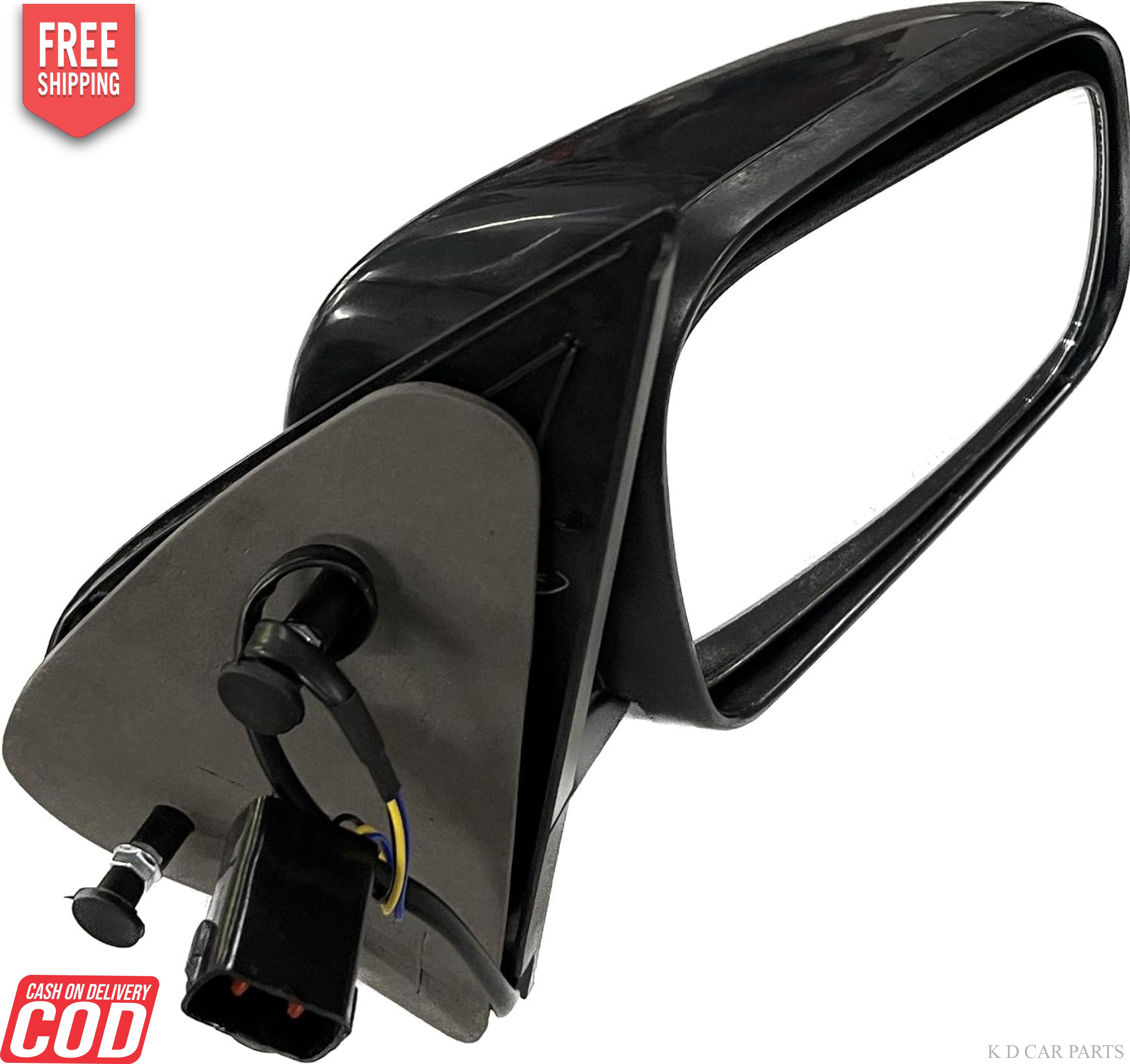 A black K D brand door mirror for a vehicle, showing the mirror glass and the mounting bracket.