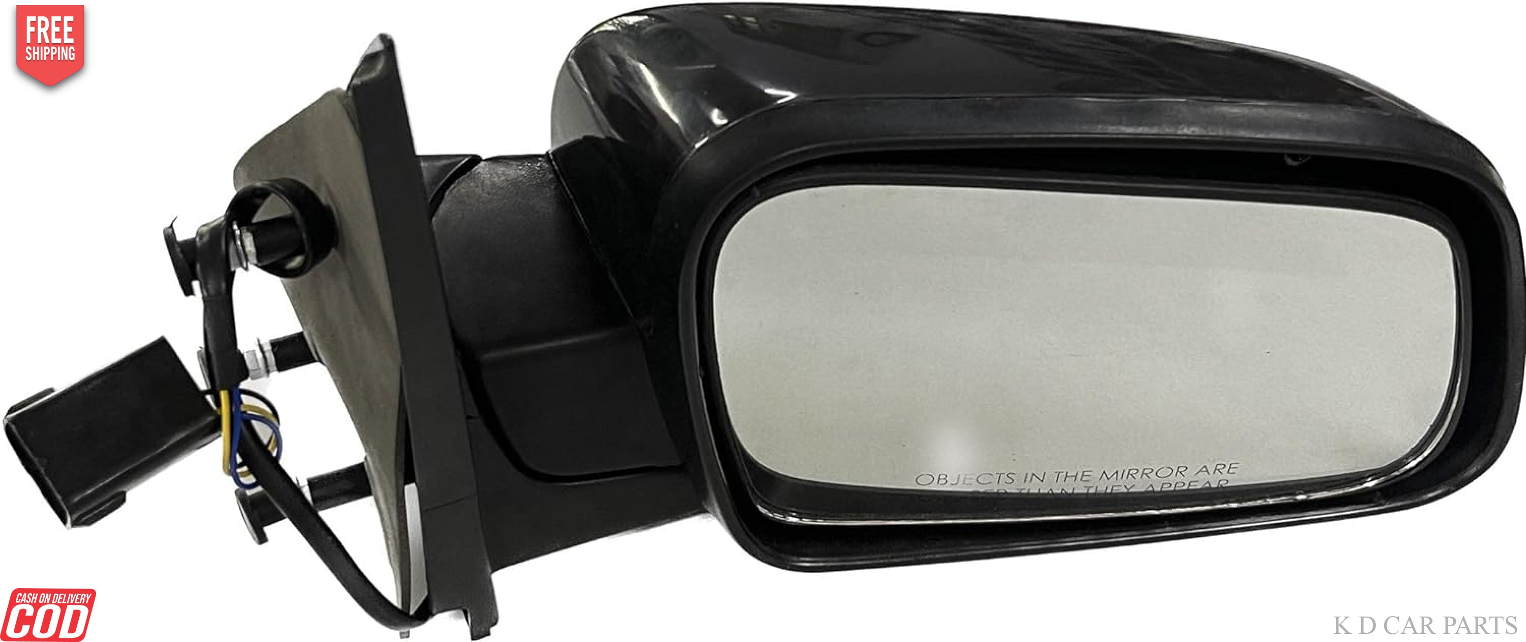 A black K D brand door mirror for a vehicle, showing the mirror glass and the mounting bracket.