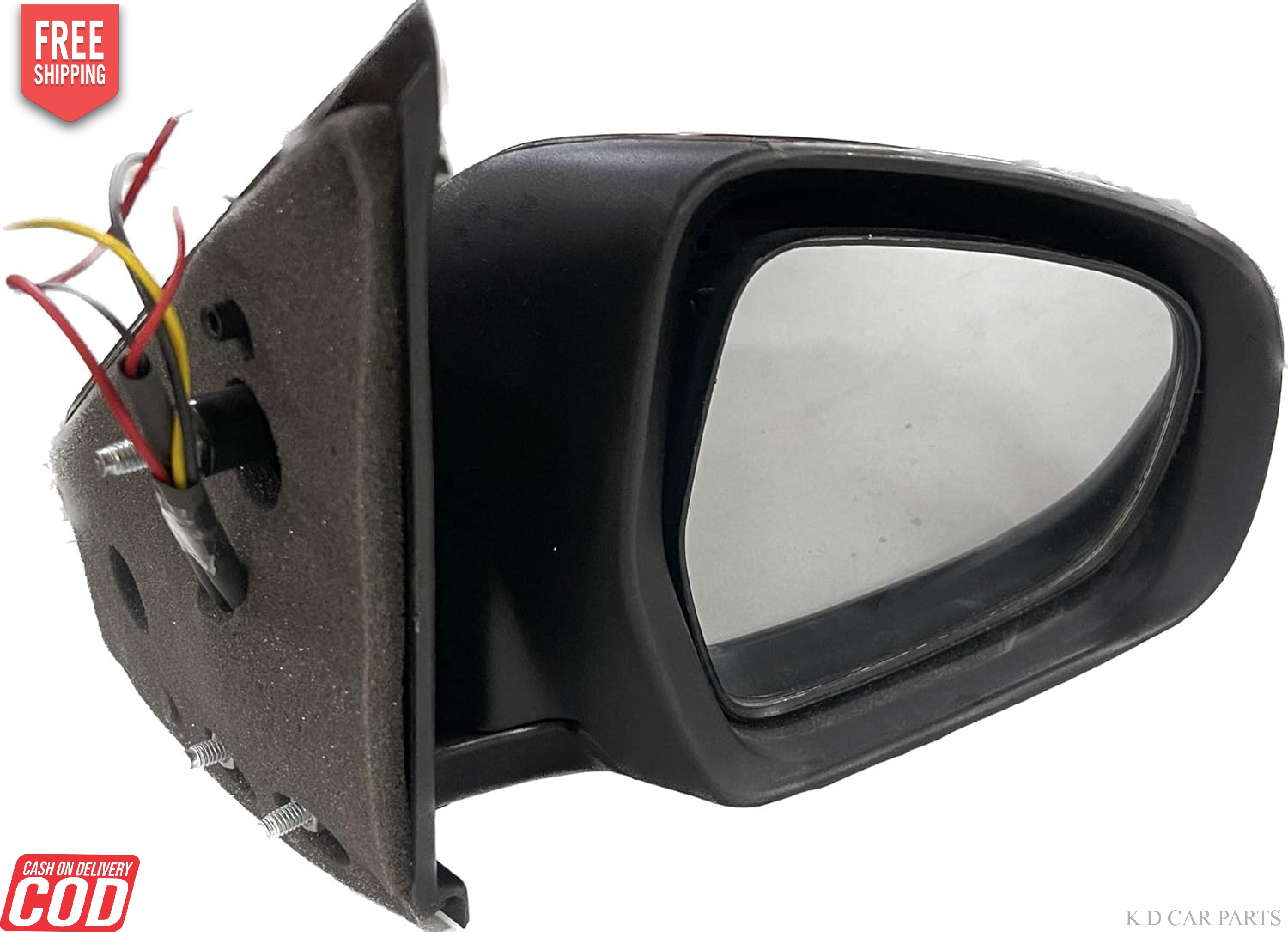 A black, K D brand door/side mirror for Maruti Ertiga motor vehicle with an indicator, featuring a shatter-resistant acrylic mirror and a wiring harness.