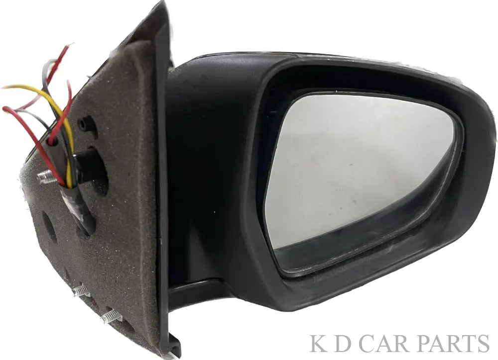 A black, K D brand door/side mirror for Maruti Ertiga motor vehicle with an indicator, featuring a shatter-resistant acrylic mirror and a wiring harness.