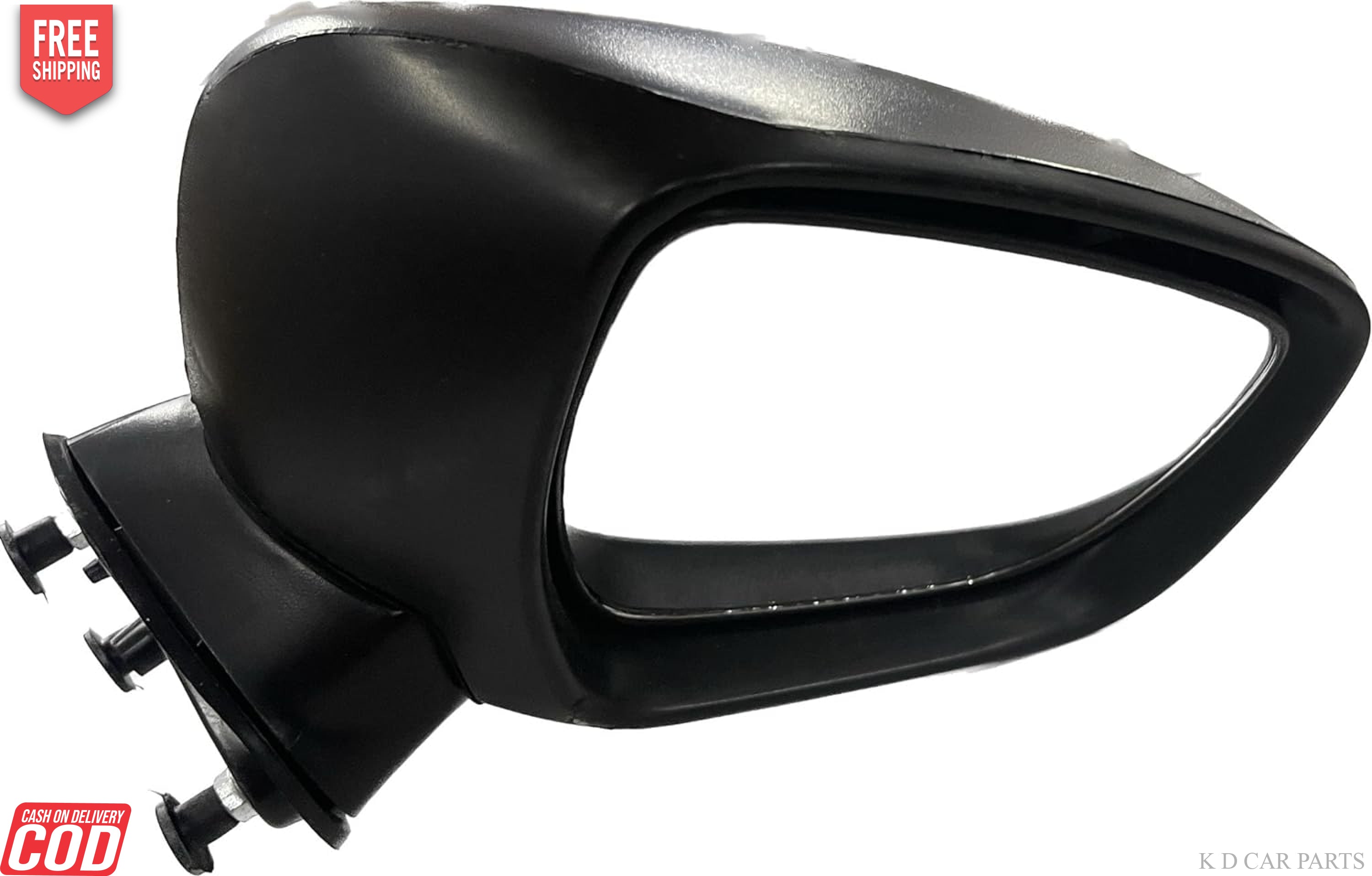 A black, curved K D brand door/side mirror for Maruti IGNIS manual, featuring a shatter-resistant acrylic mirror with a weather-resistant ABS plastic casing.
