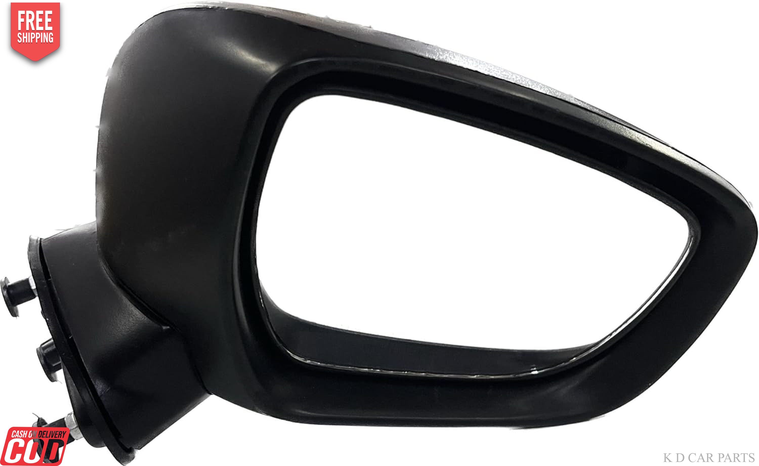 A black, curved K D brand door/side mirror for Maruti IGNIS manual, featuring a shatter-resistant acrylic mirror with a weather-resistant ABS plastic casing.