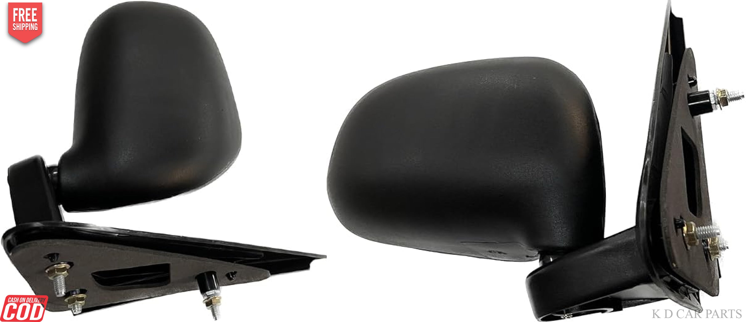 A pair of black, curved door/side mirrors for Maruti Suzuki S-Presso with a shatter-resistant acrylic mirror and weather-resistant ABS plastic casing.