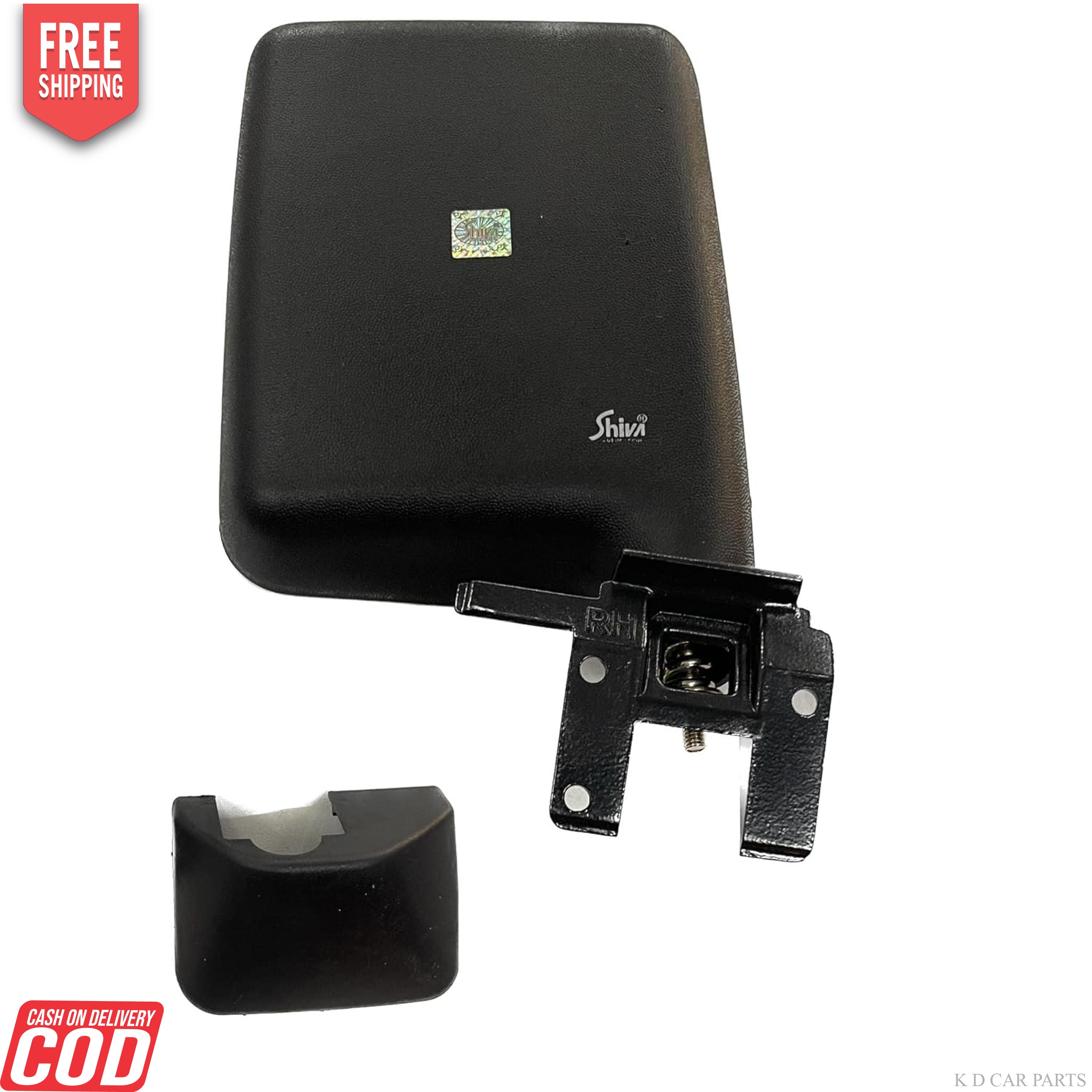 A black K D brand door mirror for a Maruti Wagonr 2000-2006, including mounting components, against a white background.