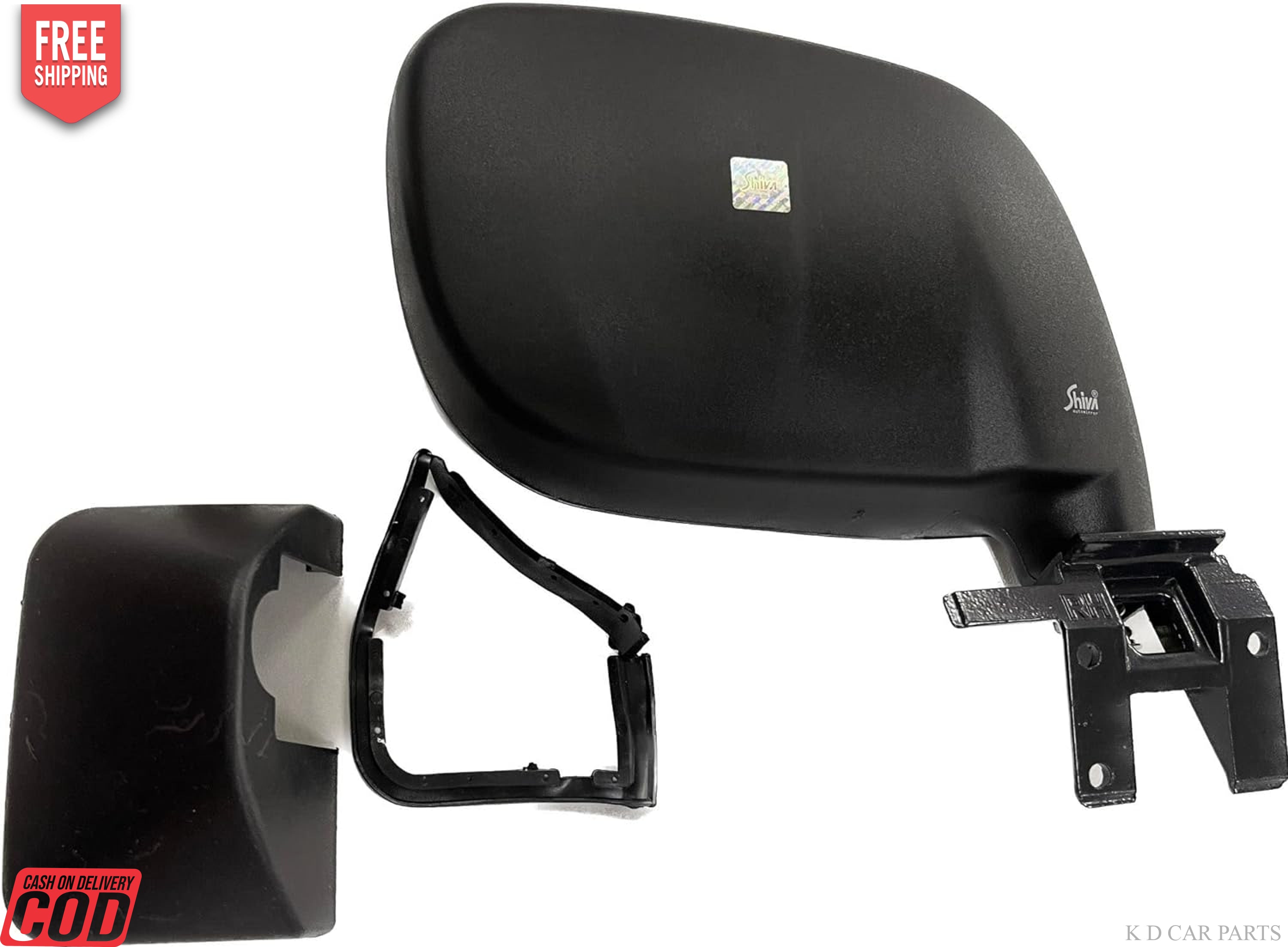 A black K D brand door mirror for a Maruti Wagonr 2006-2010, displayed alongside its mounting components.