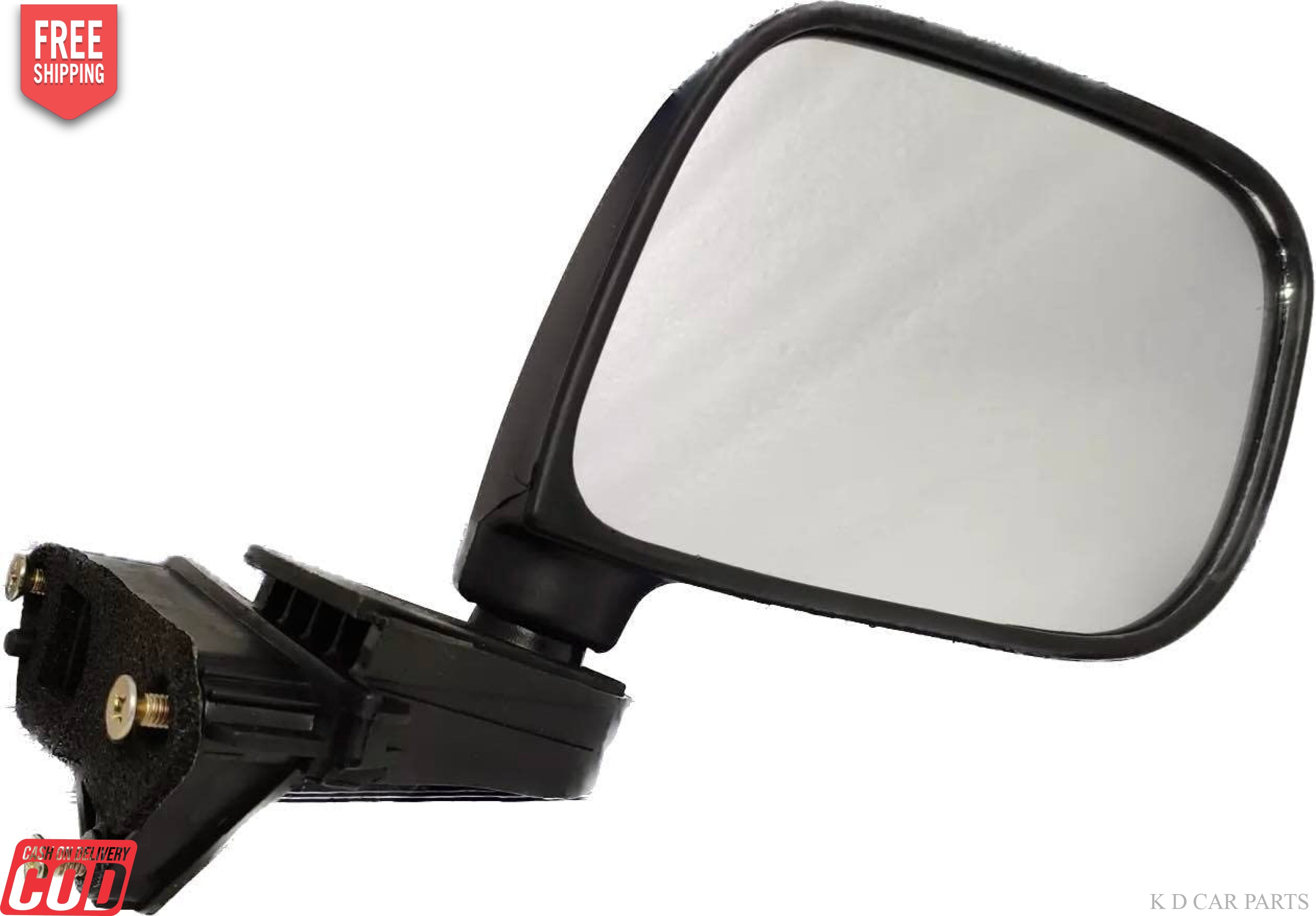 A black K D brand door mirror for a Maruti Wagonr 2010-2018 without shesh, showing the mirror glass and door mounting frame.