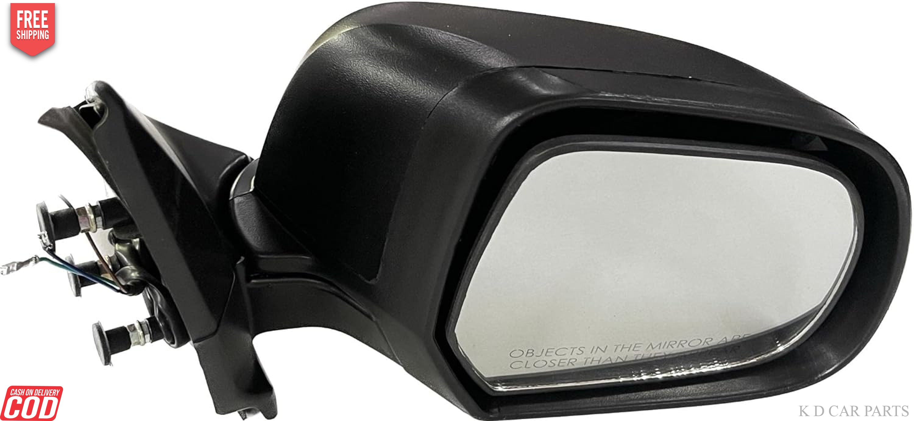A black motorized side mirror for a car, without an indicator, designed to fit Nissan Sunny or Renault Scala.