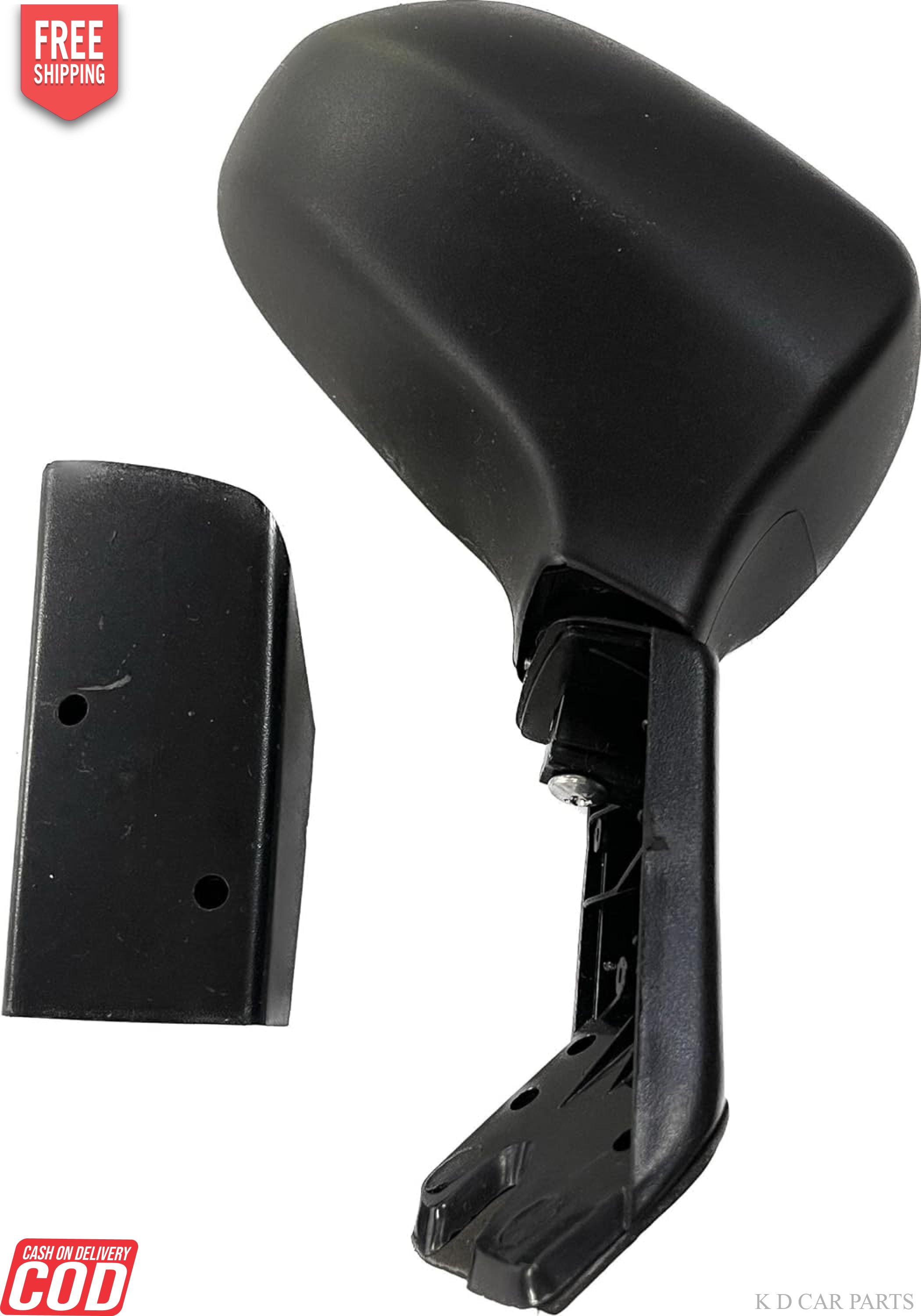 A black K D brand door/side mirror for a Tata Nano old model, shown with its mounting component.