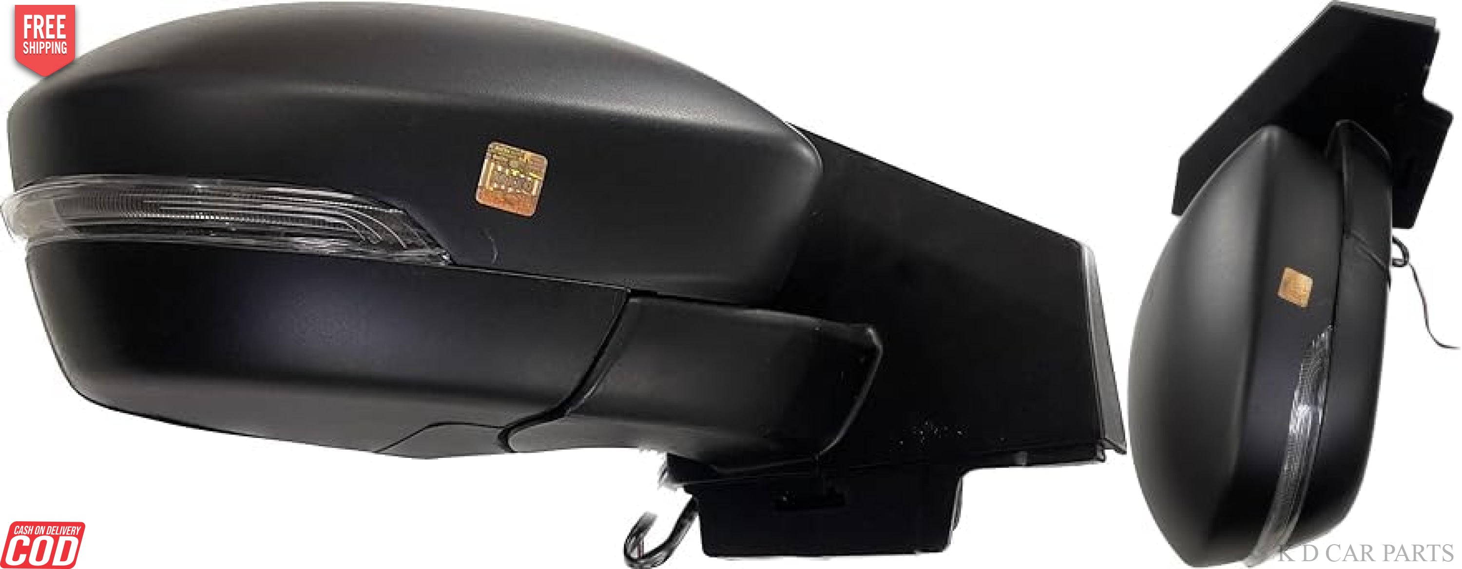 A pair of black, curved door/side mirrors for TATA NEXON motor vehicles with indicator lights, featuring a shatter-resistant acrylic mirror design.