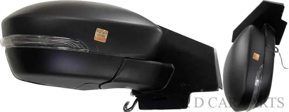 A pair of black, curved door/side mirrors for TATA NEXON motor vehicles with indicator lights, featuring a shatter-resistant acrylic mirror design.