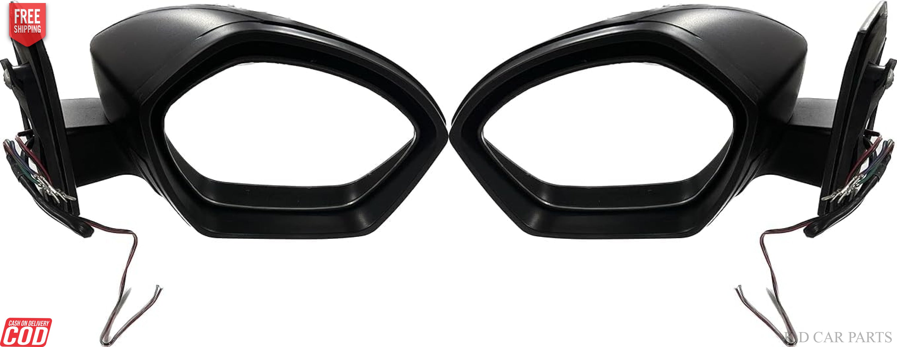 A pair of black, curved door/side mirrors for TATA NEXON motor vehicles with indicator lights, featuring a shatter-resistant acrylic mirror design.