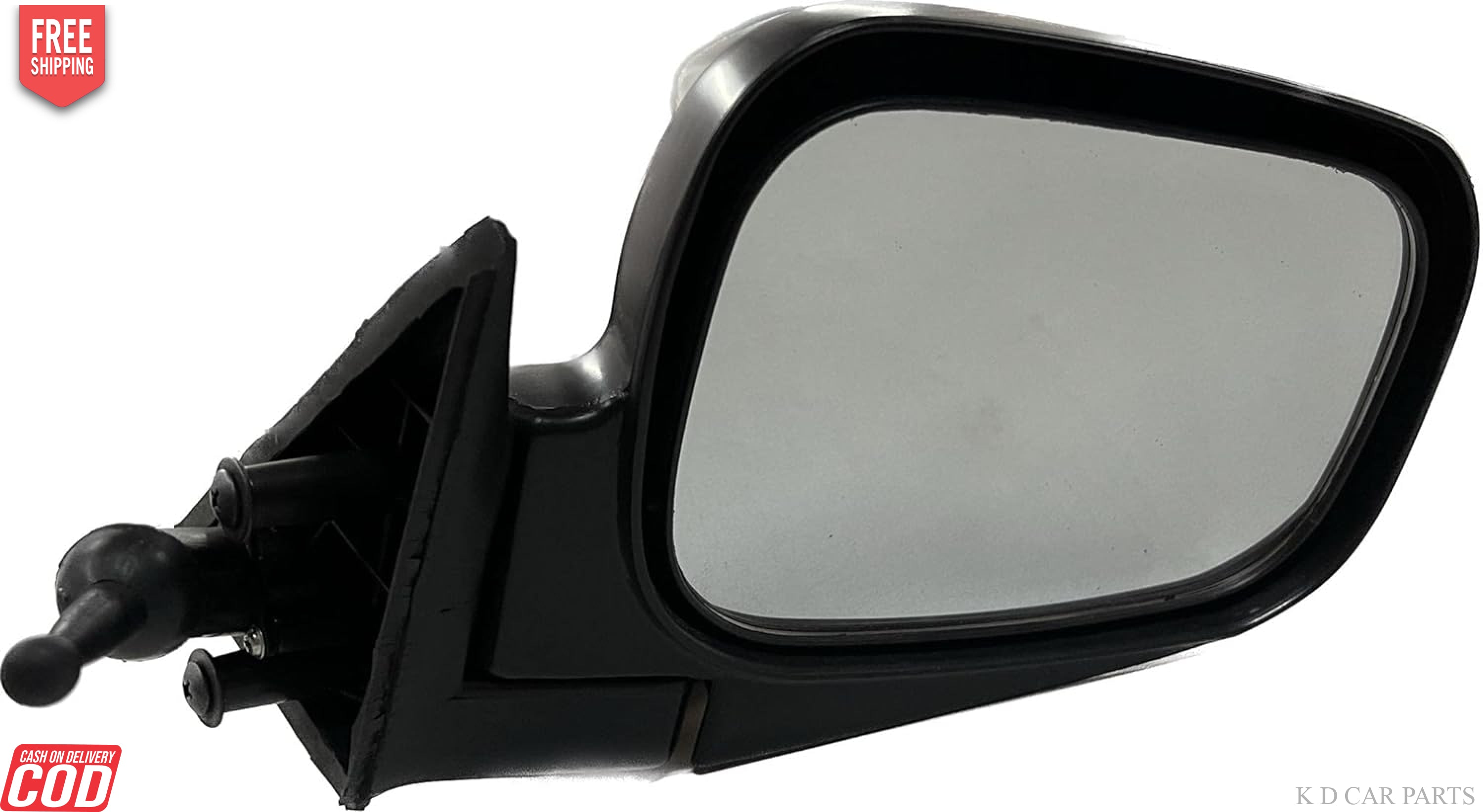 A black, adjustable side mirror for Tata Sumo Victa with a shatter-resistant acrylic mirror and a door mount.
