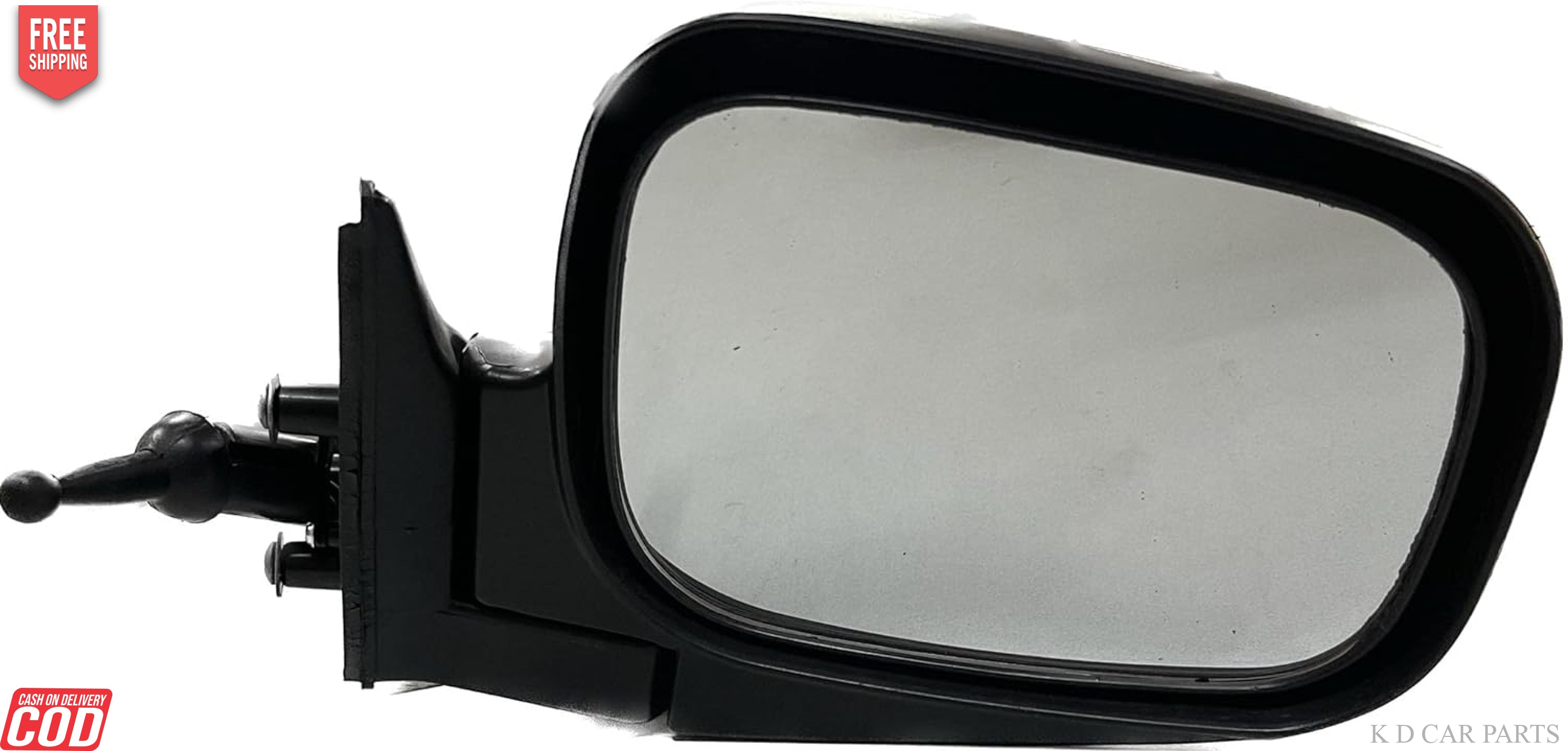A black, adjustable side mirror for Tata Sumo Victa with a shatter-resistant acrylic mirror and a door mount.
