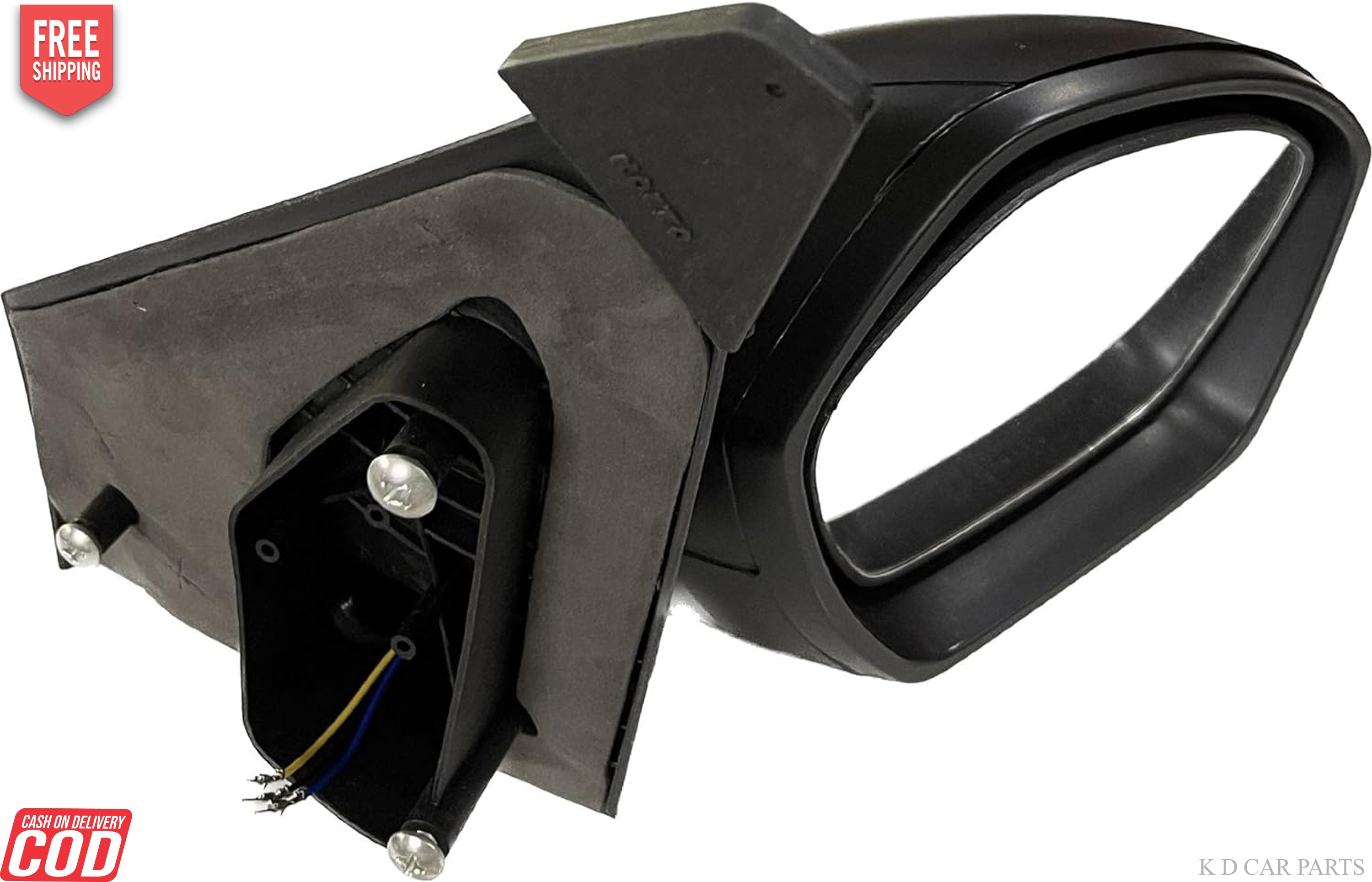 A clear side mirror for a car, with a black frame, attached to a door mount.