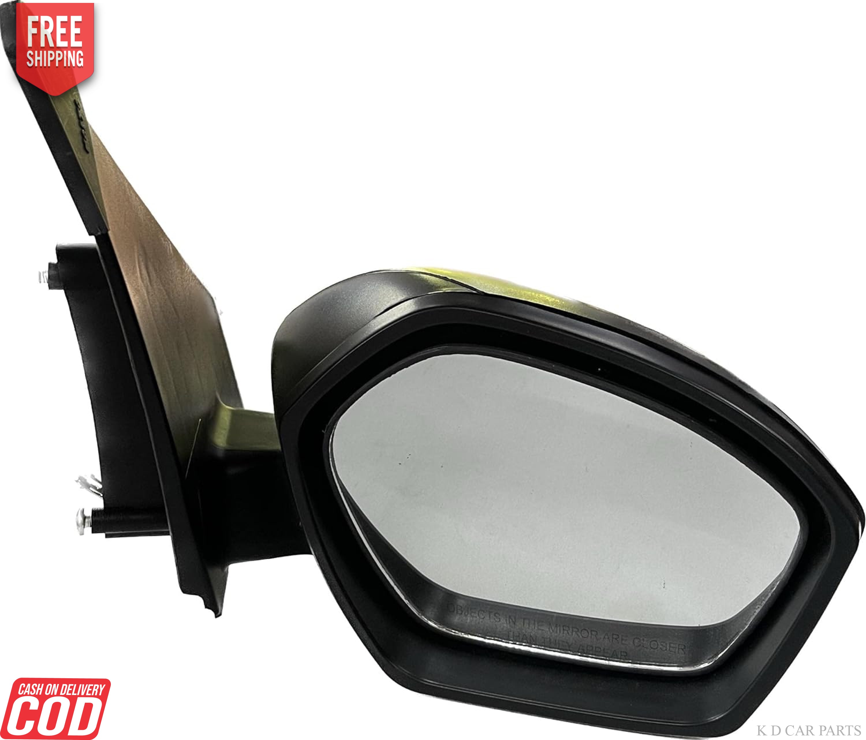 A clear side mirror for a car, with a black frame, attached to a door mount.