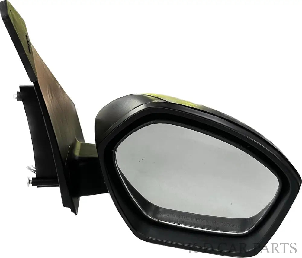 A clear side mirror for a car, with a black frame, attached to a door mount.