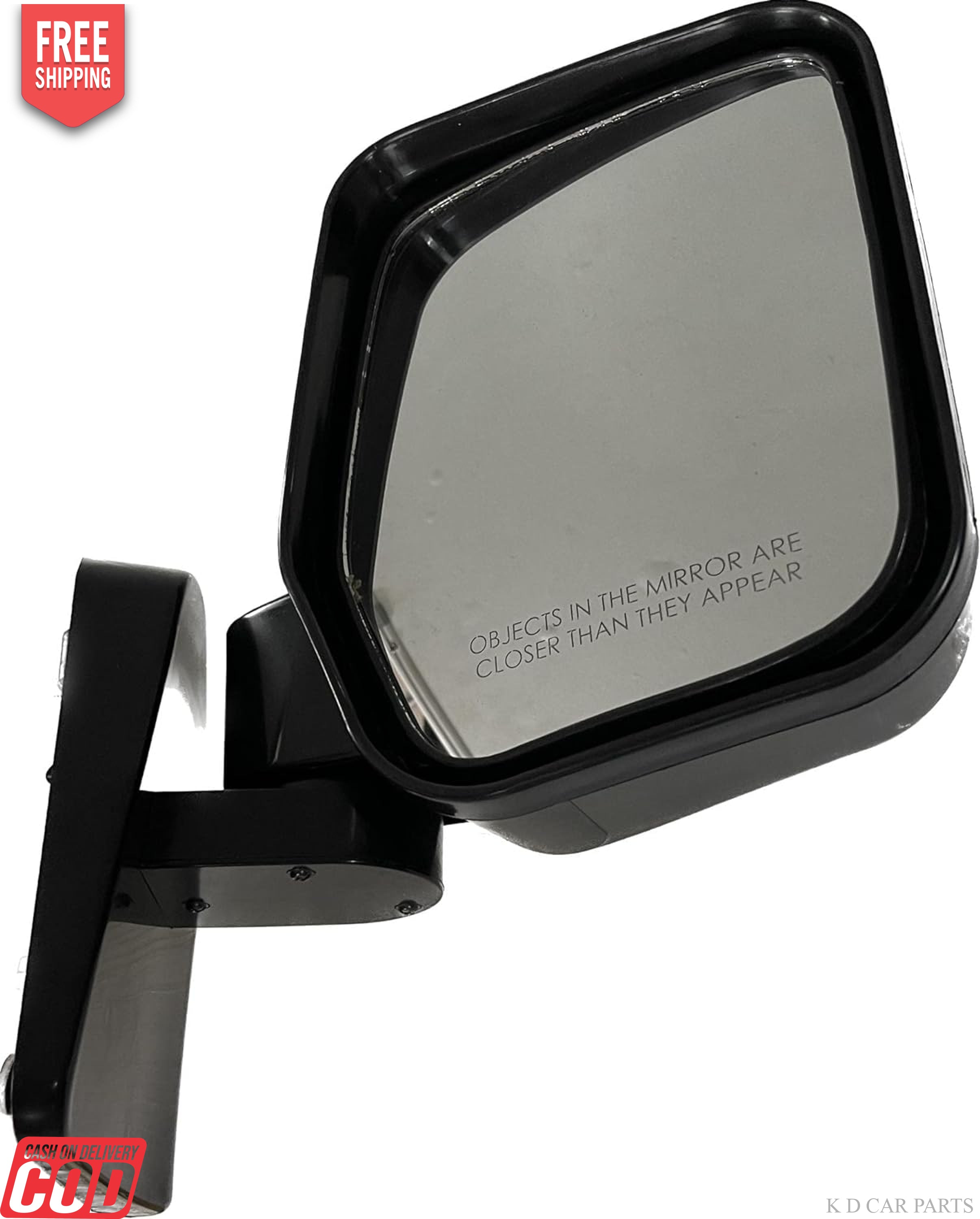 A black K D brand side rear view door mirror for a Tata Winger car.