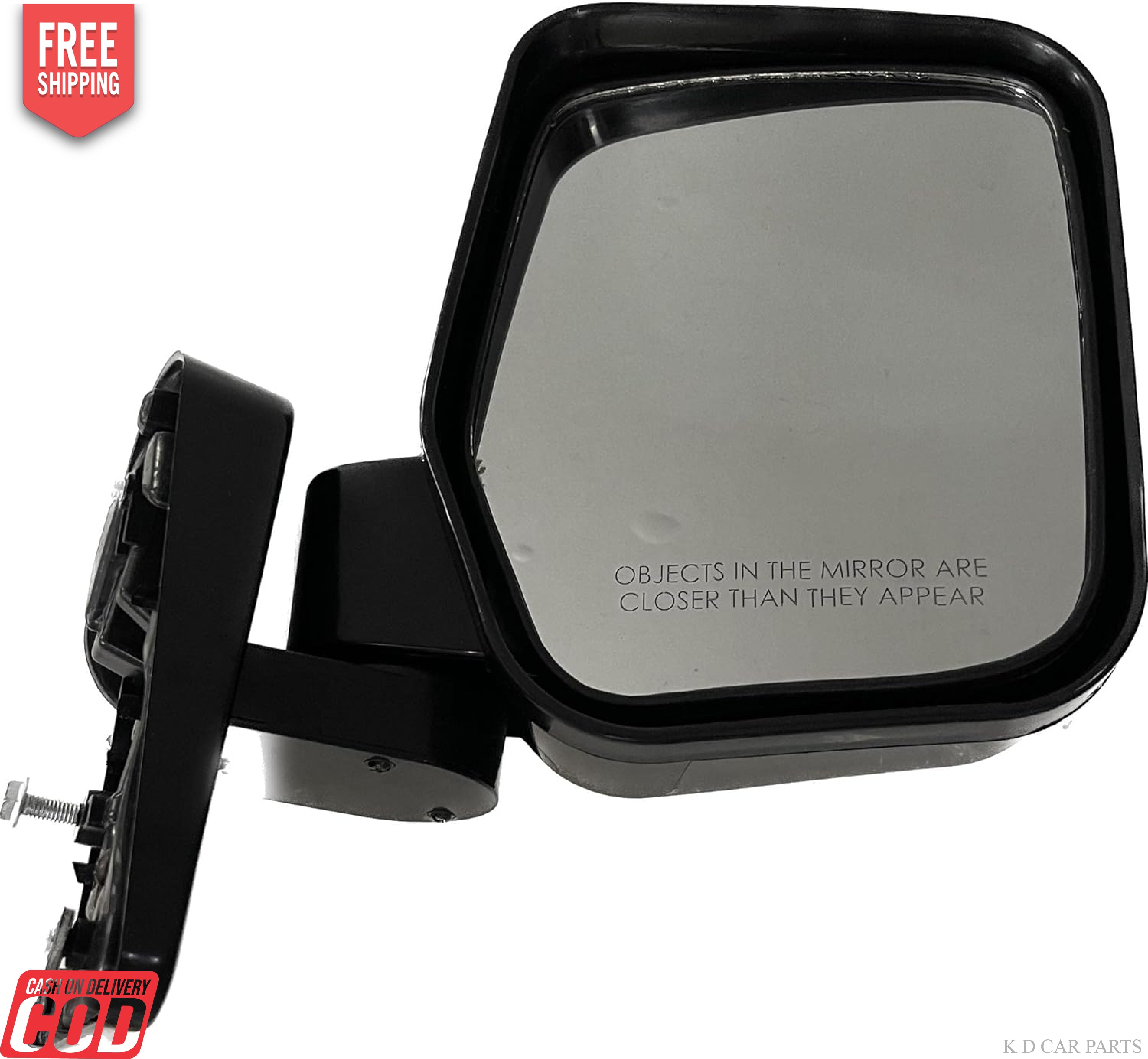 A black K D brand side rear view door mirror for a Tata Winger car.