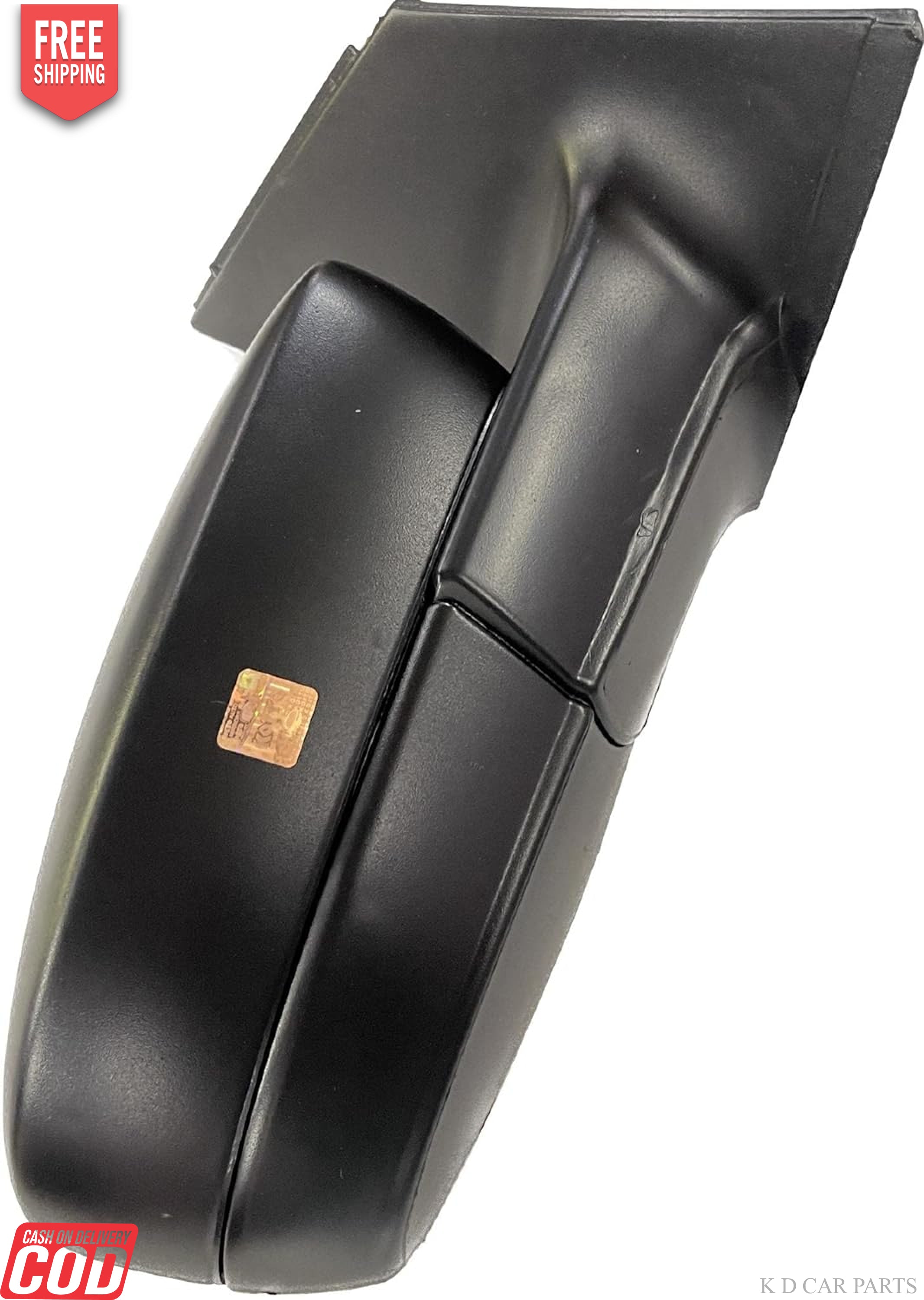 A black K D brand motorized side mirror for a car, showing the rear view of the vehicle's side.