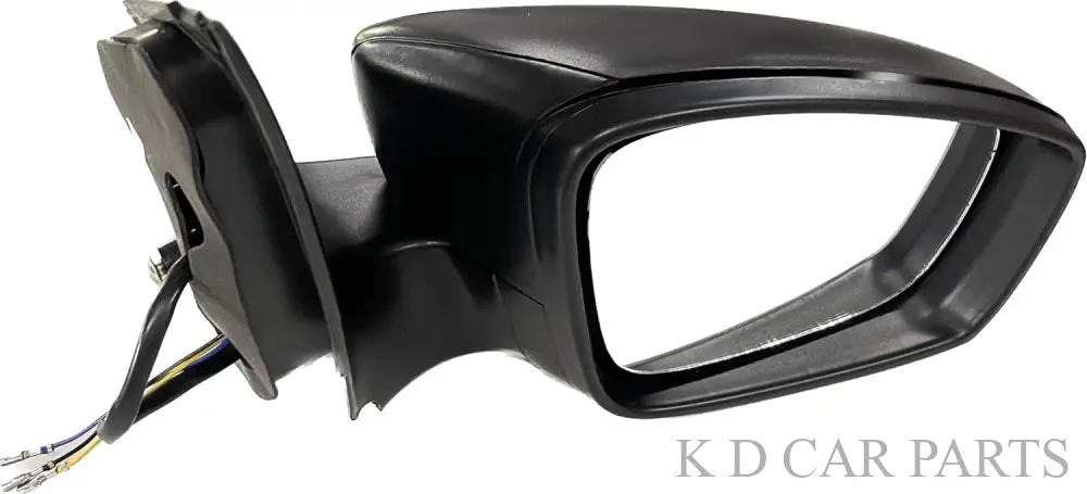 A black K D brand motorized side mirror for a car, showing the rear view of the vehicle's side.