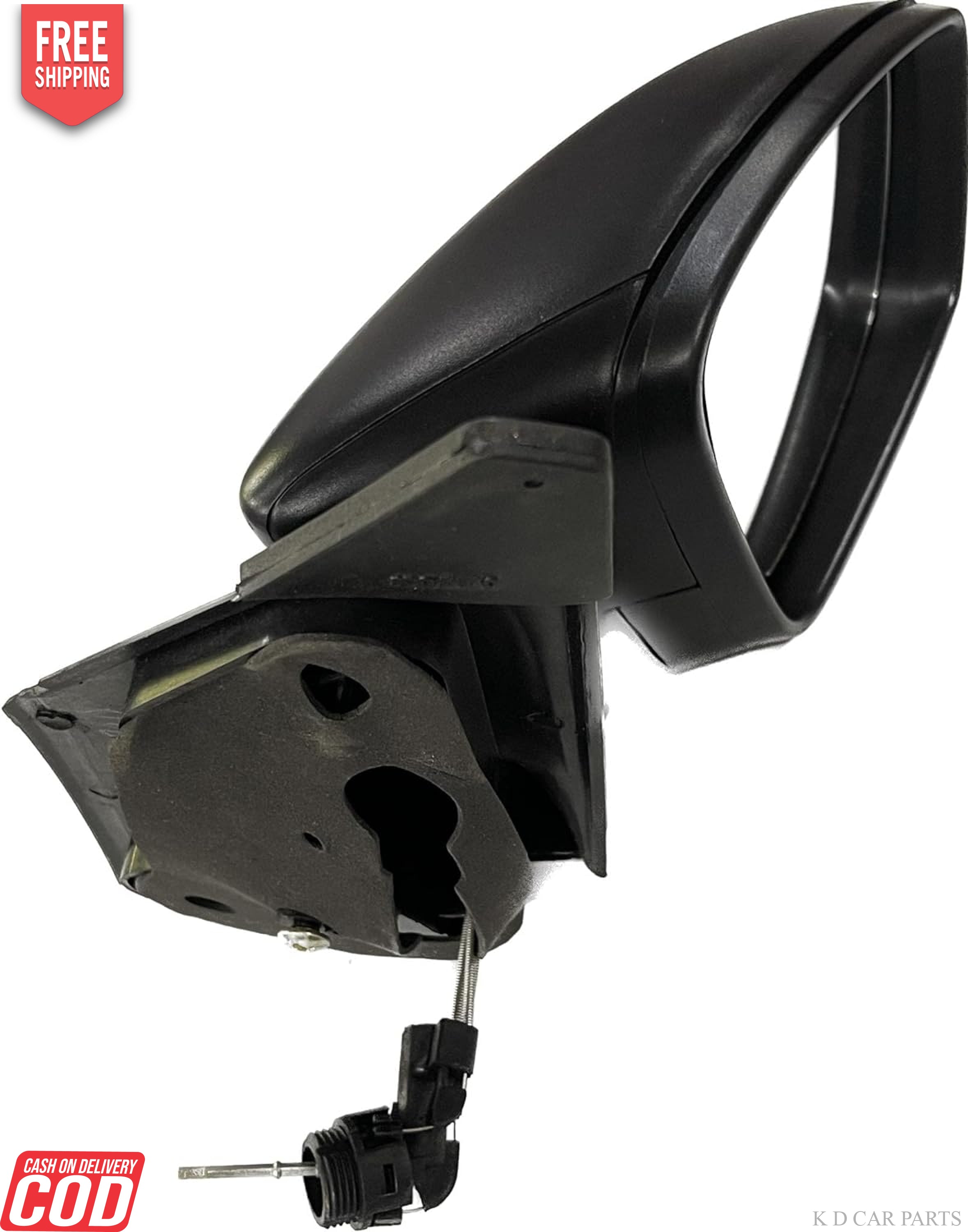 A black, manually adjustable K D brand door/side mirror for VW Polo/Vento/Rapid VX with visible shatter-resistant acrylic mirror and ABS plastic casing.
