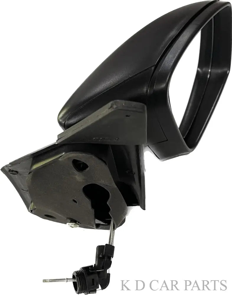 A black, manually adjustable K D brand door/side mirror for VW Polo/Vento/Rapid VX with visible shatter-resistant acrylic mirror and ABS plastic casing.