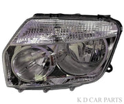 A pair of chrome headlight assemblies for a Renault Duster vehicle, including bulbs.