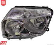 A pair of chrome headlight assemblies for a Renault Duster vehicle, including bulbs.
