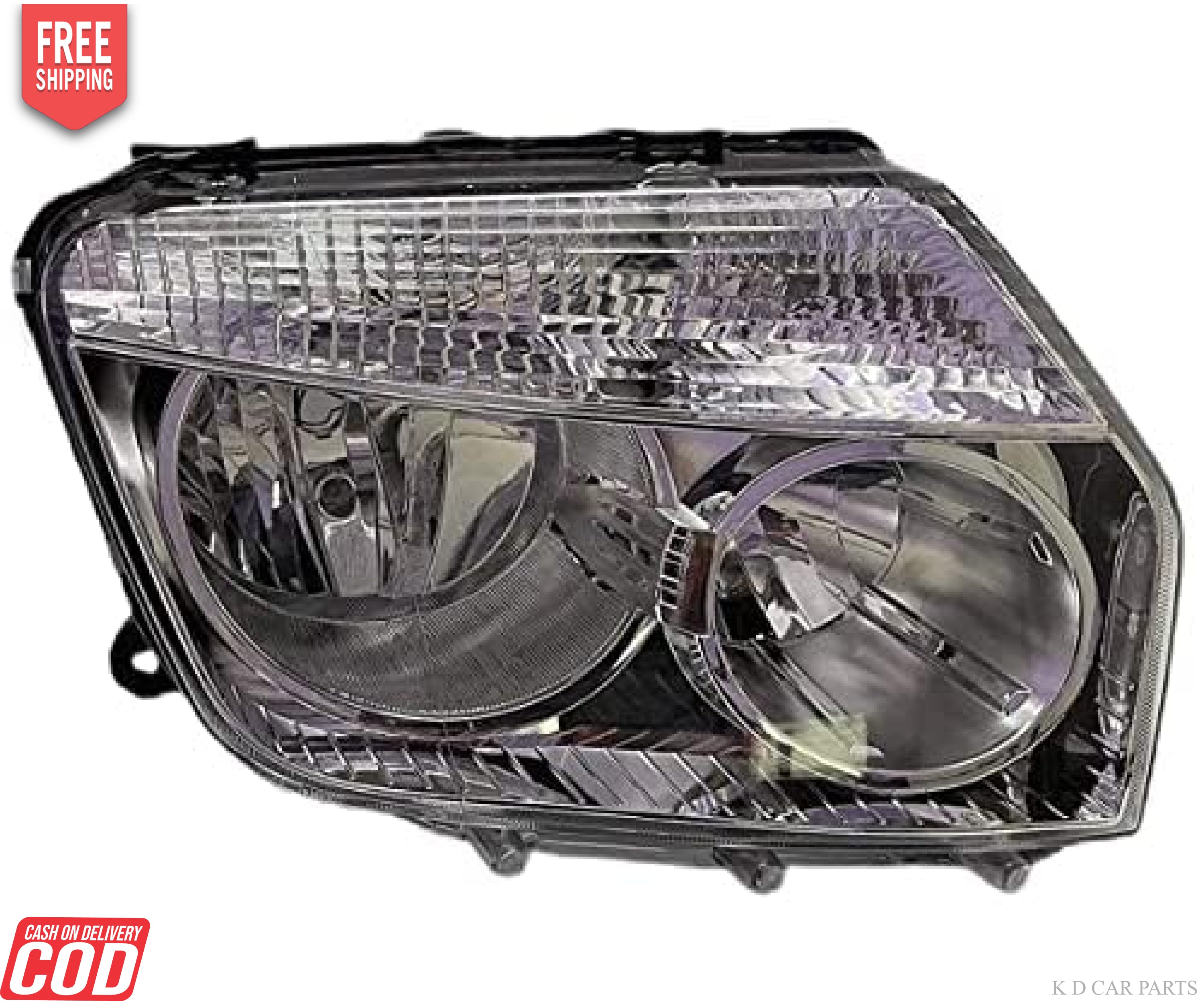 A set of two chrome-plated headlight assemblies with halogen bulbs for a Renault Duster 110 model, featuring a clear lens and big bracket type 2 design.