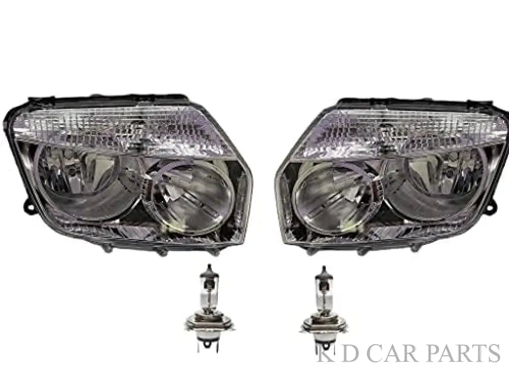 A set of two chrome-plated headlight assemblies with halogen bulbs for a Renault Duster 110 model, featuring a clear lens and big bracket type 2 design.