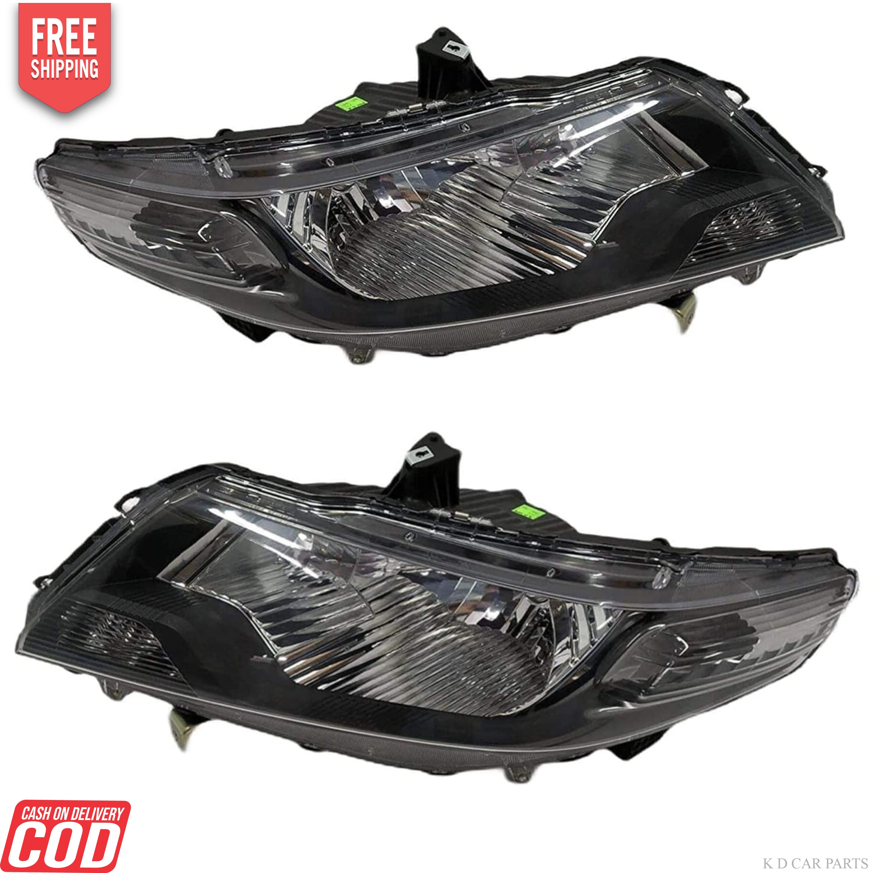 A black K D brand headlight assembly for Honda City IVTEC 2009-2013 without adjustable motor.