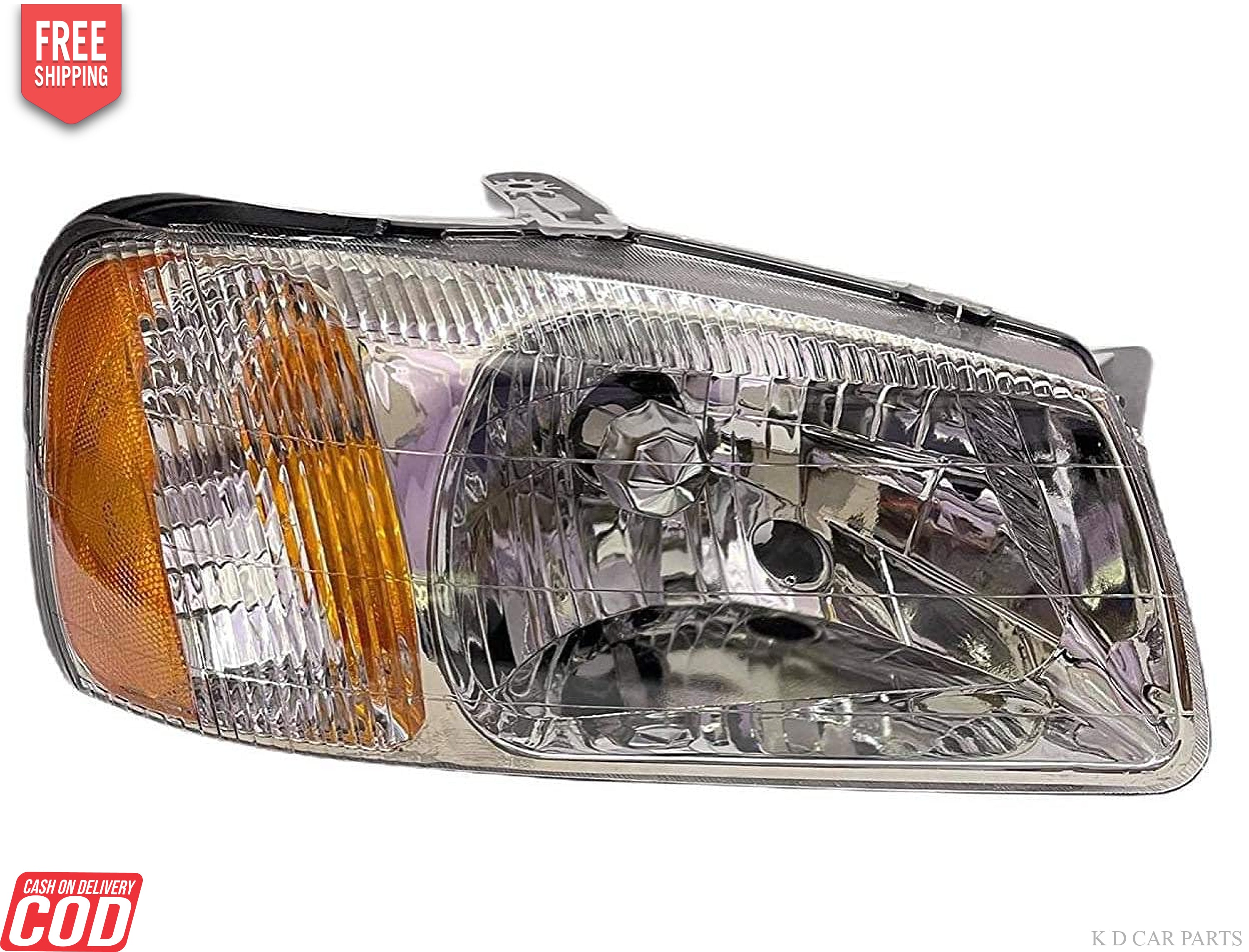 A front view of a silver K D headlight assembly for a Hyundai Accent Type 2, showcasing the headlight bulb and the surrounding clear casing.