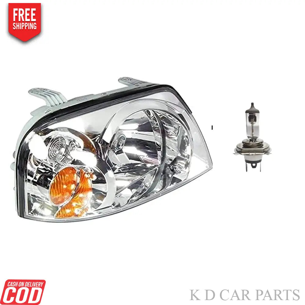 A K D brand headlight assembly for Hyundai Santro Xing, including a bulb, with a clear lens and a metal housing.