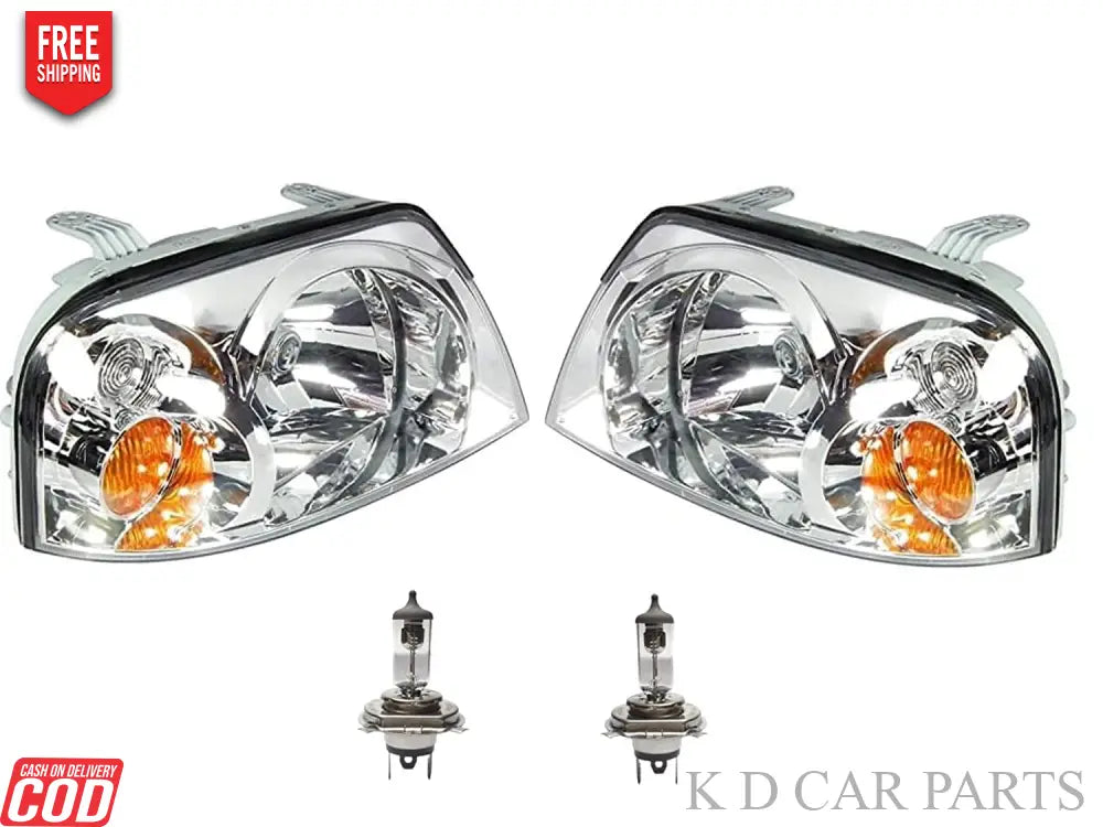 A K D brand headlight assembly for Hyundai Santro Xing, including a bulb, with a clear lens and a metal housing.
