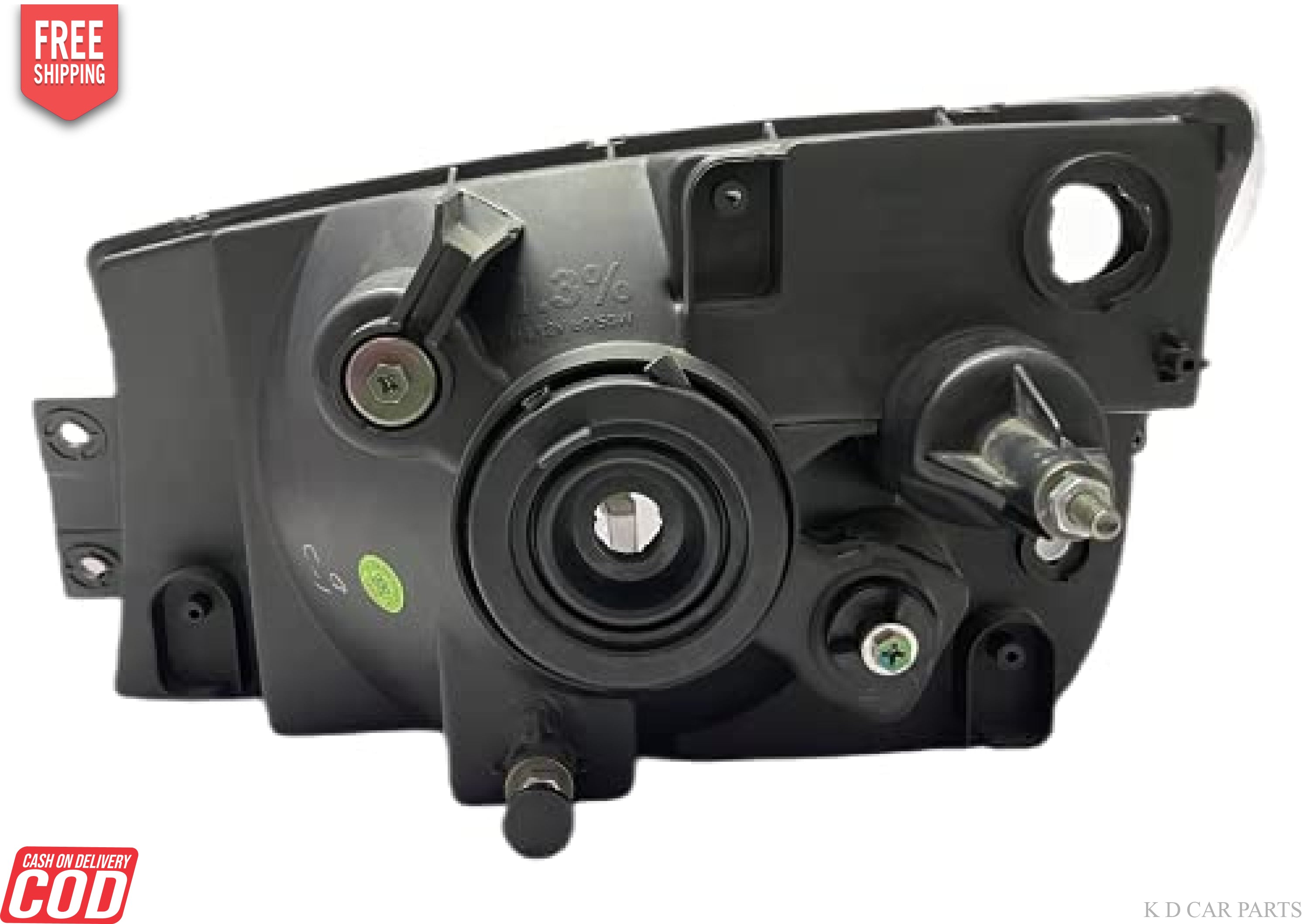 K D brand headlight assembly for Mahindra Bolero Type 3, featuring a clear lens and a silver-colored housing with a black trim.