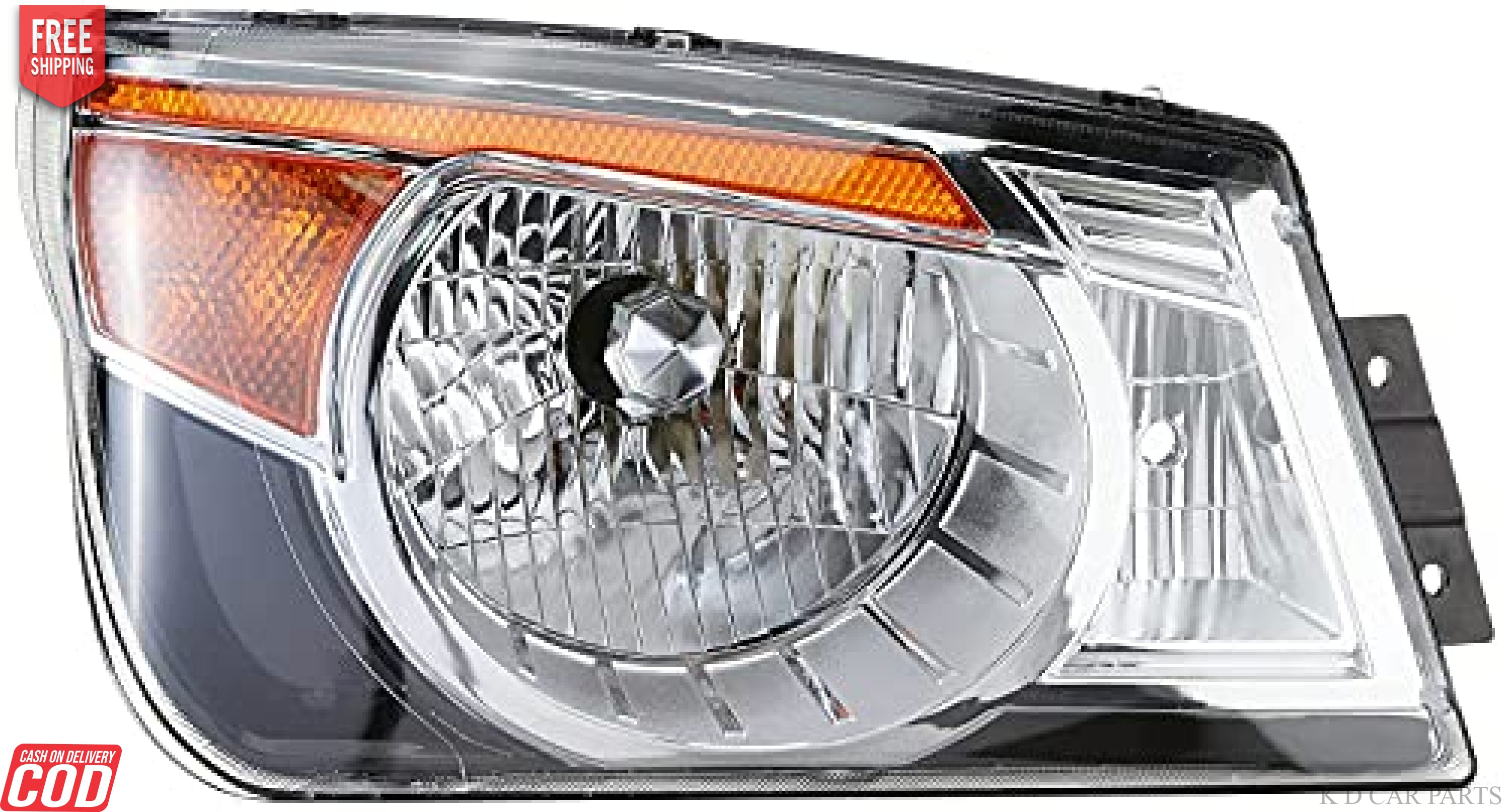 K D brand headlight assembly for Mahindra Bolero Type 3, featuring a clear lens and a silver-colored housing with a black trim.