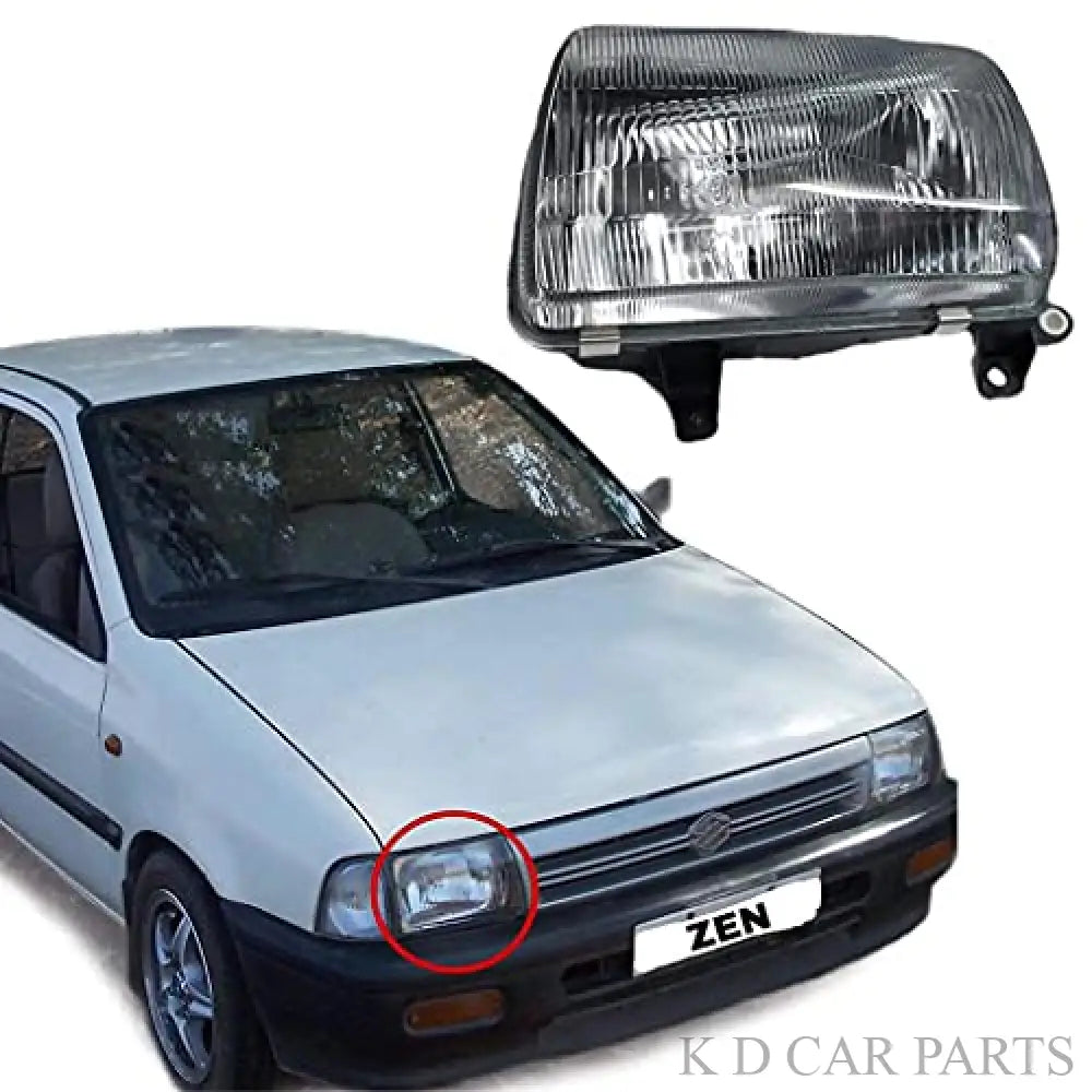 A headlight assembly for a Maruti Suzuki Zen, shown next to the corresponding side of a white Maruti Suzuki Zen car. The headlight is off-white in color, with a clear lens and reflector.