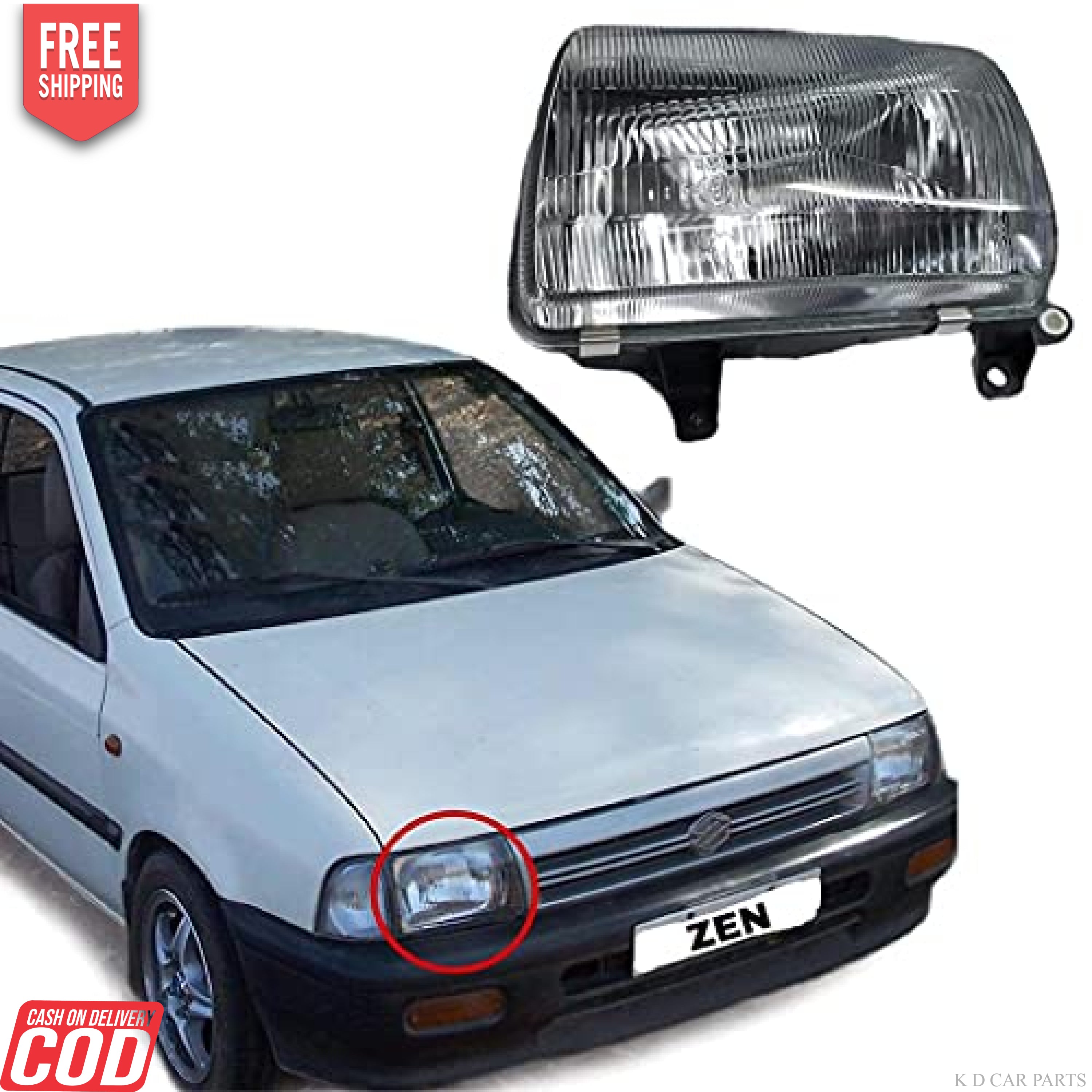 A headlight assembly for a Maruti Suzuki Zen, shown next to the corresponding side of a white Maruti Suzuki Zen car. The headlight is off-white in color, with a clear lens and reflector.