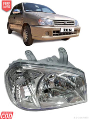 A silver headlight assembly for Maruti Suzuki Zen without motor, displayed alongside a photo of the vehicle it fits.