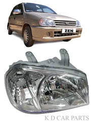 A silver headlight assembly for Maruti Suzuki Zen without motor, displayed alongside a photo of the vehicle it fits.